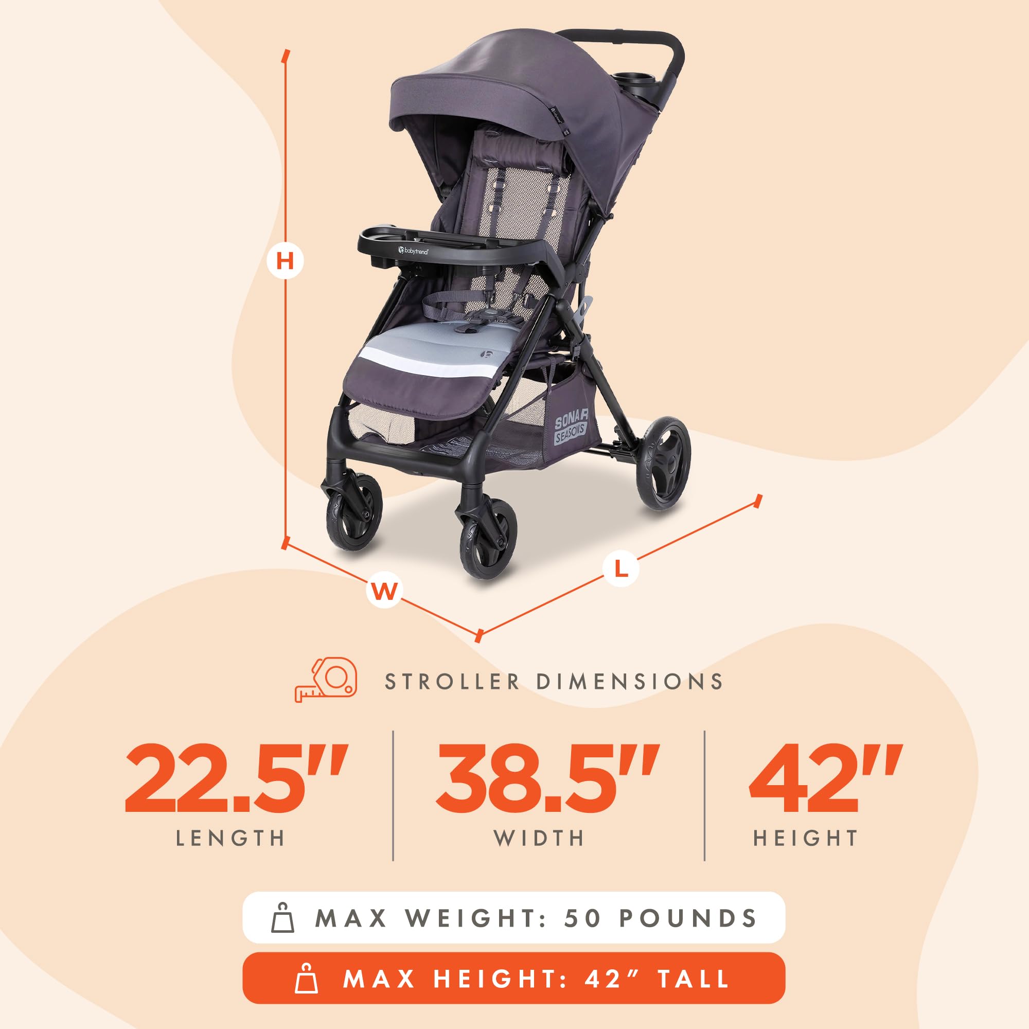 Baby Trend Sonar Seasons Stroller - Lightweight Travel Stroller with Adjustable Canopy, Liberty Grey | Perfect for Newborns to Toddlers, Ideal for Shopping, Travel & Daily Walks