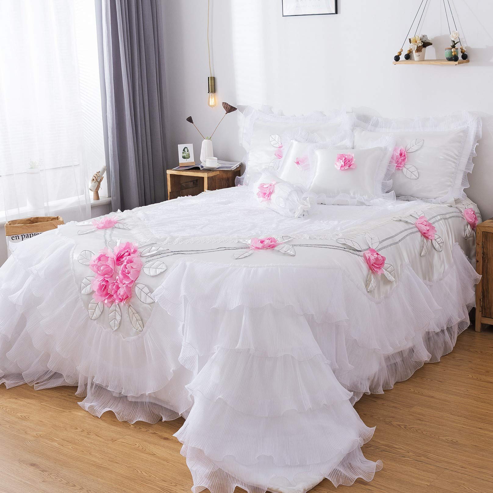 Luxury 6-Piece Floral Comforter Set - White & Pink Delicate Rose Design - California King Size Bedding by Tache Home Fashion | Perfect for Master Bedrooms, Guest Rooms & Luxury Hotels