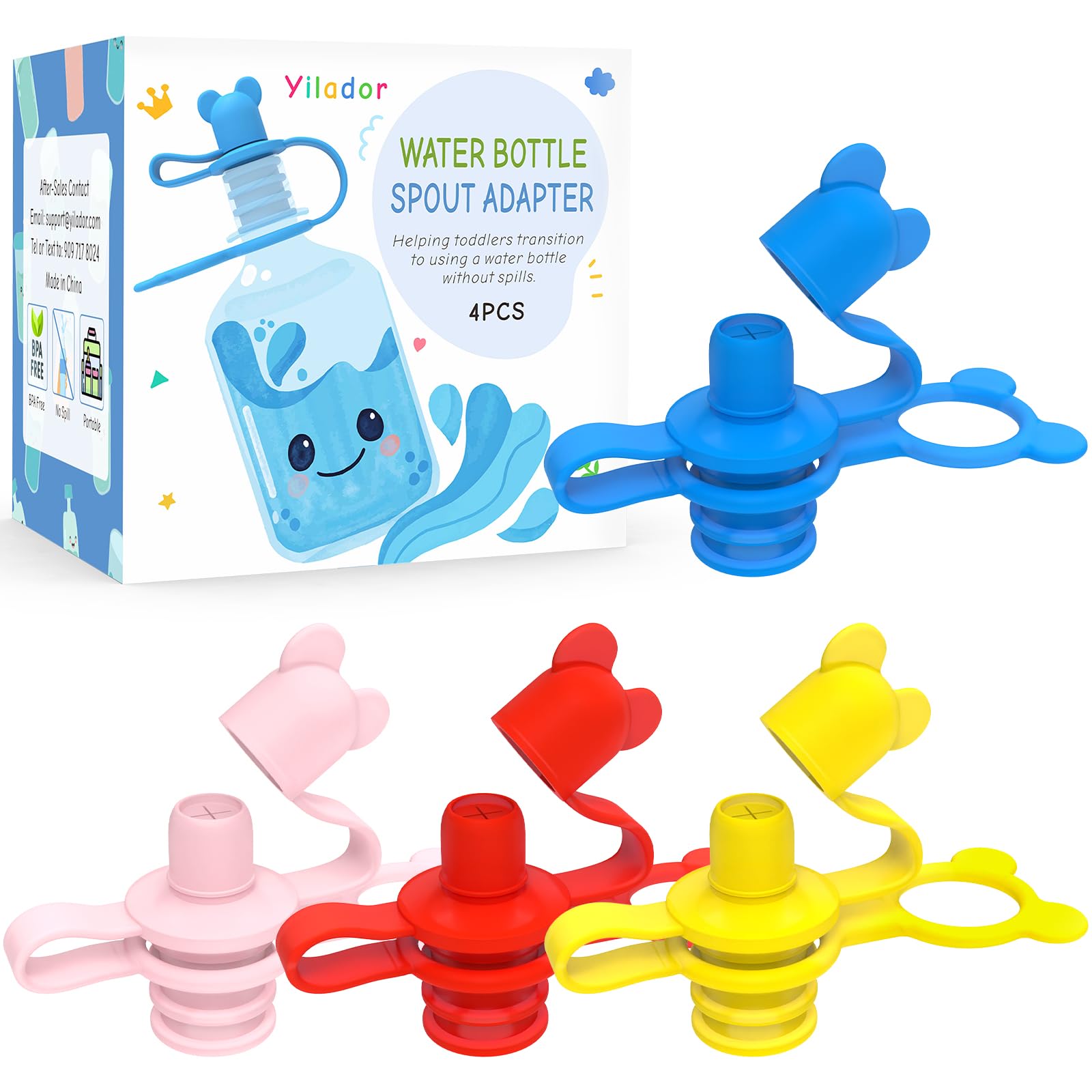 No Spill Silicone Water Bottle Cap for Toddlers - 28mm Leakproof Spout, BPA Free & Reusable (Red, Blue, Pink, Yellow) - Perfect for Travel, Daycare & Transitioning from Baby Bottles