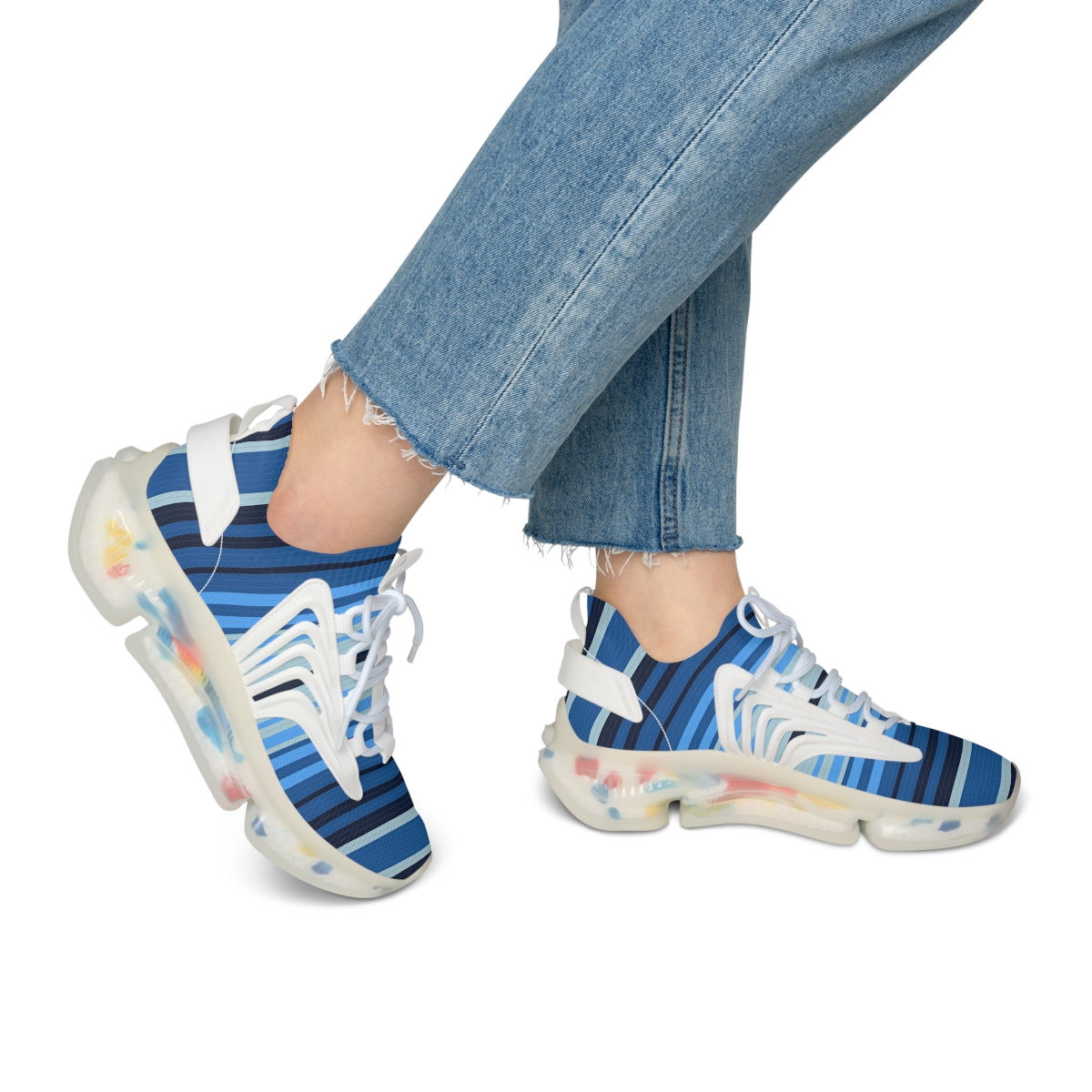Women's Breathable Mesh Sneakers with Blue Lined Print & Colorful Soles - Lightweight Walking Shoes for Gym, Running, and Casual Wear