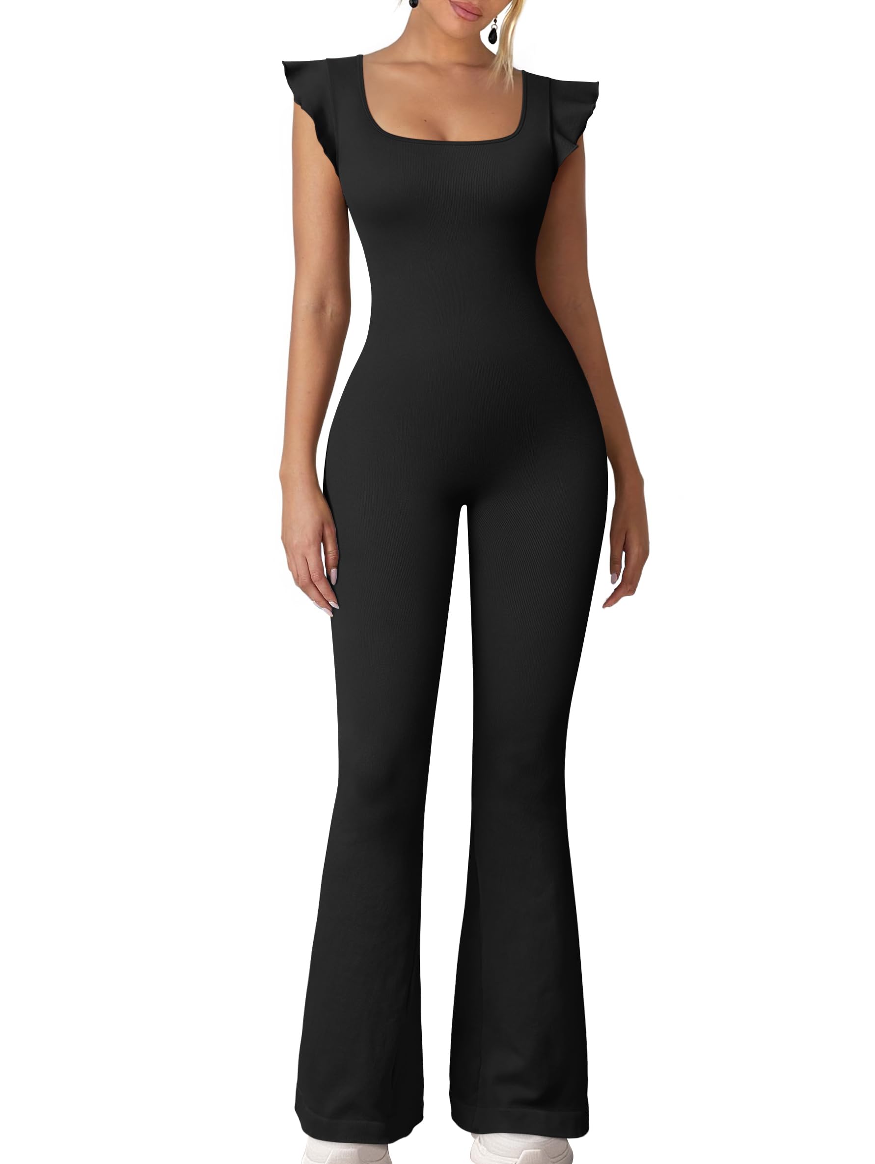 OQQ Women's Ruffled Sleeveless Jumpsuit with Square Neck & Bell Bottom Flare Pants - Stylish Fashion Outfit for Casual Wear, Date Night & Party Occasions