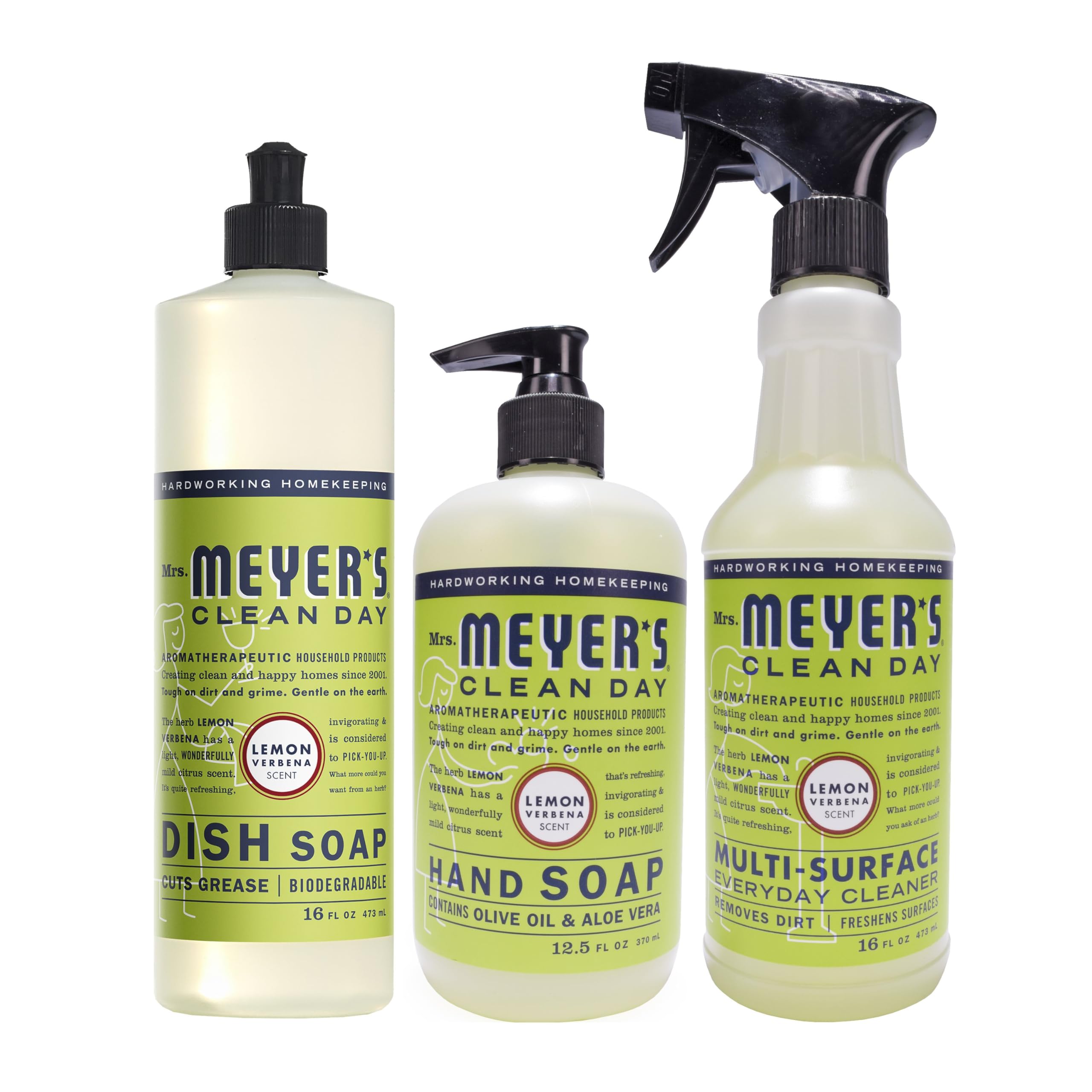 Mrs. Meyer's Clean Day Lemon Verbena Kitchen Essentials Set - Hand Soap, Dish Soap & All Purpose Cleaner (3-Pack) | Natural Cleaning Products for Home, Kitchen & Bathroom | Fresh Scent & Eco-Friendly Formula