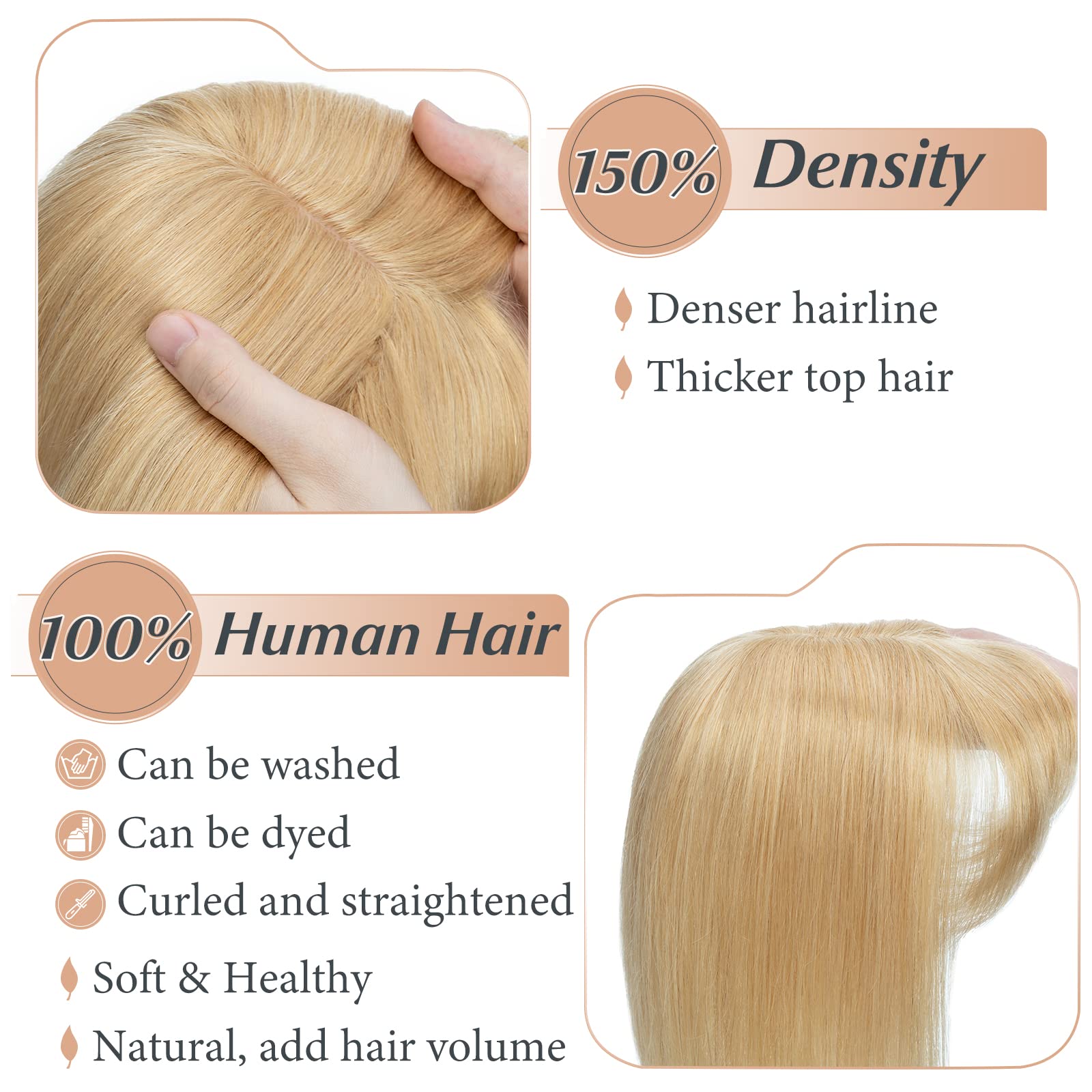 Benehair 100% Remy Human Hair Toppers for Women with Bangs | 150% Density Handmade Silk Base Clip-In Hairpiece | Natural Blonde 12 Inch | Covers Thinning Hair & Gray Hair | Perfect for Daily Wear, Special Occasions & Hair Loss Solutions