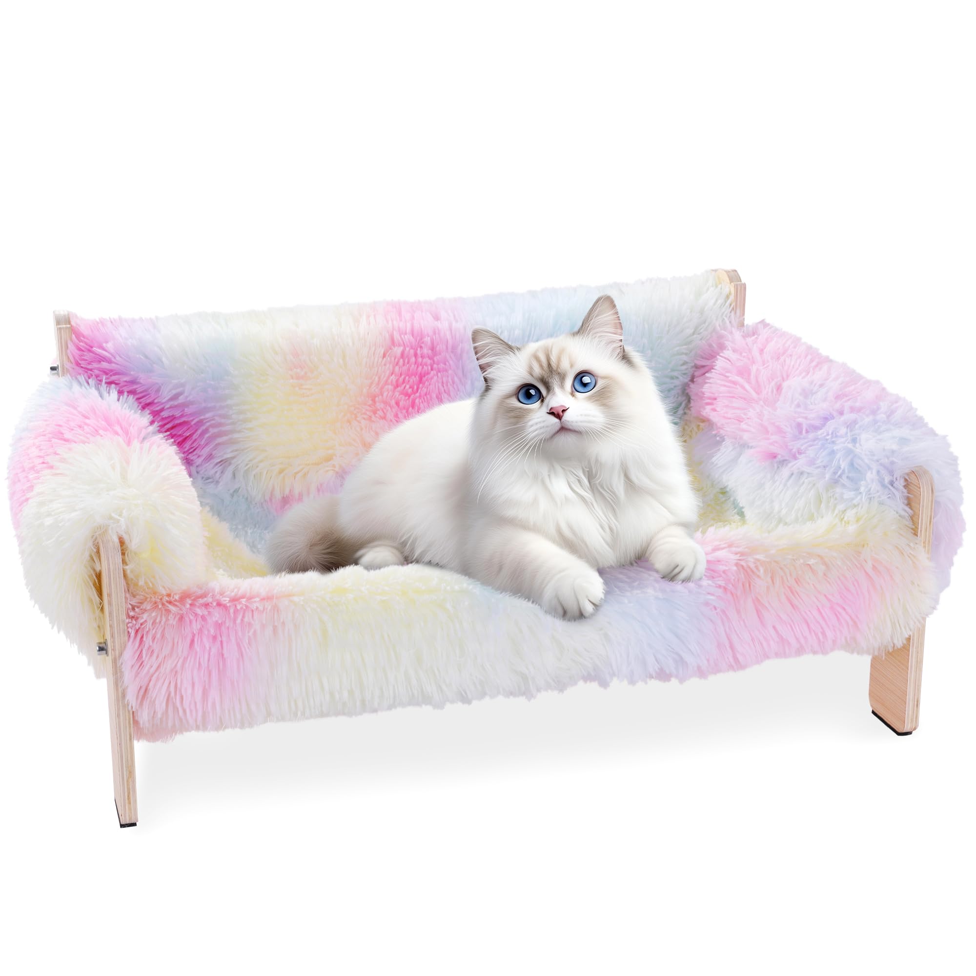 Soft Tie-Dye Cat Couch Bed for Indoor Cats - Pink Plush Pet Sofa with Wooden Elevated Base, Cozy Cat Chair for Kittens, Puppies & Small Animals | Perfect for Living Room, Bedroom & Pet Napping Spaces