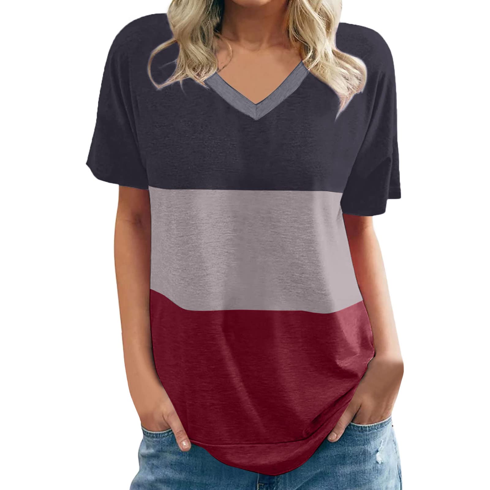 Women's Summer V-Neck Patchwork Print Short Sleeve T-Shirt - Loose Fit Casual Top for Women | Perfect for Beach Outings, Summer Travel & Daily Wear