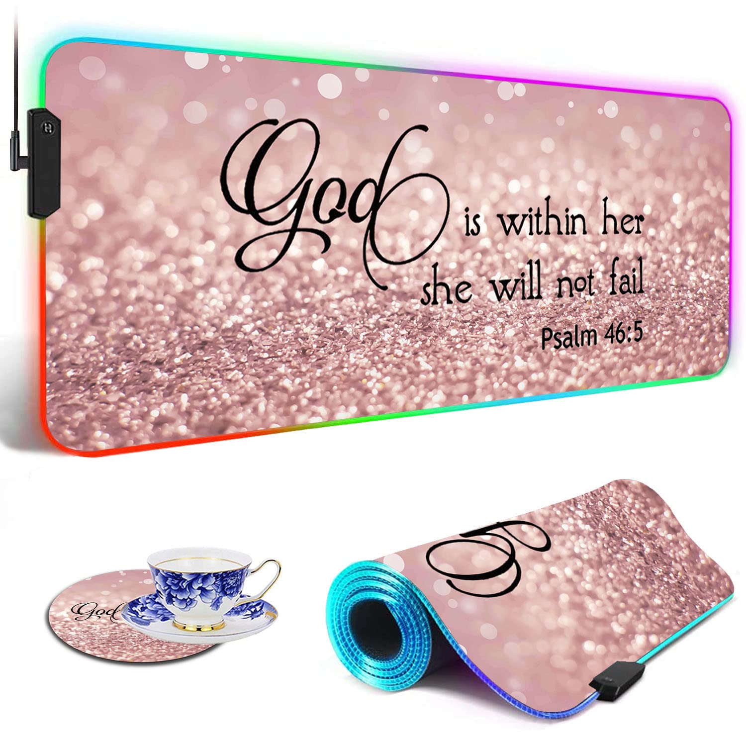 RGB LED Gaming Mouse Pad - Large Non-Slip Desk Mat with Pink Glitter Design (Psalm 46:5) | Waterproof Extended Keyboard & Mouse Pad for PC Gaming Setup | Perfect for Esports, Streaming & Office Work