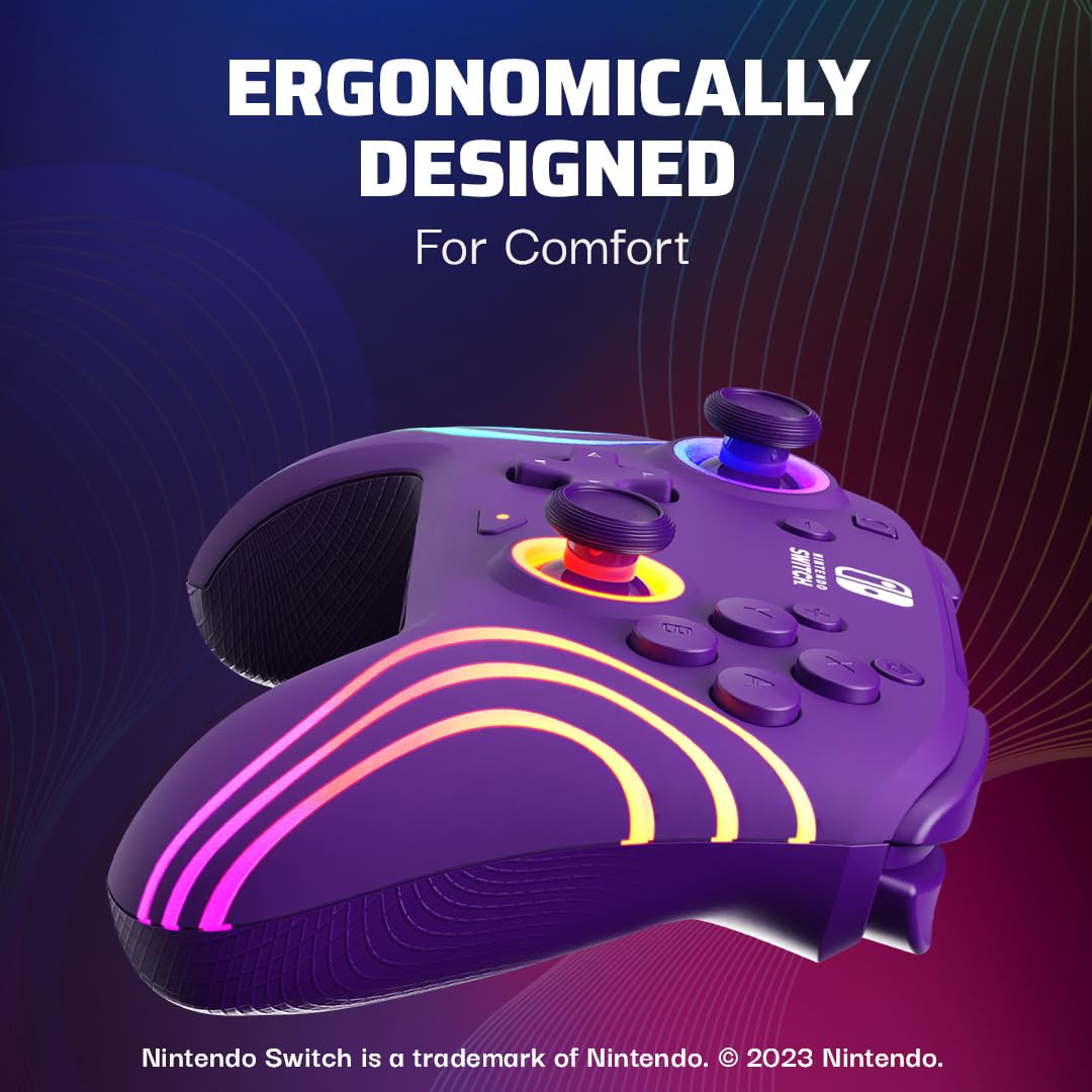 PDP Afterglow Wave Wireless Pro Controller for Nintendo Switch & OLED - Motion Controls, Custom LED Lighting, 30ft Range, 20-Hour Rechargeable Battery (Purple) - Perfect for Gaming at Home or On-The-Go