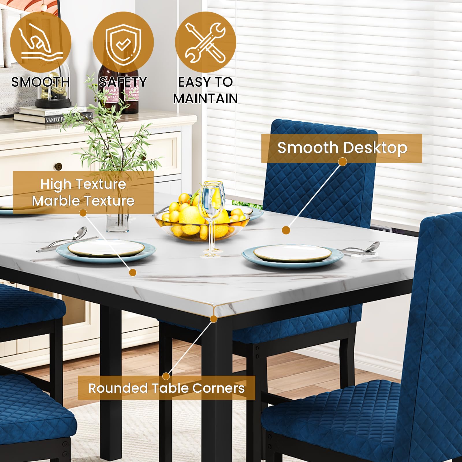 DKLGG 4-Piece Dining Table Set - Faux Marble Kitchen Table with 4 Velvet Upholstered Chairs, Compact Space-Saving Design for Apartments & Small Homes (White & Blue) - Perfect for Breakfast Nooks, Studio Apartments & Cozy Dining Areas