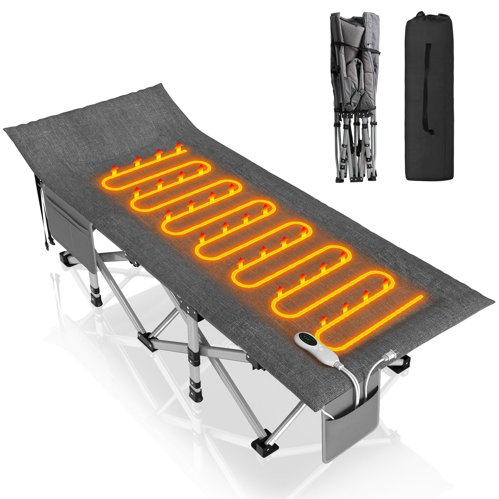 Suteck Heated Folding Camping Cot for Adults - Portable Outdoor Sleeping Bed with Built-in Soft Cotton Pad & Carry Bag - Supports 500 lbs - Perfect for Camping, Home Office Naps, Beach Travel & Emergency Use