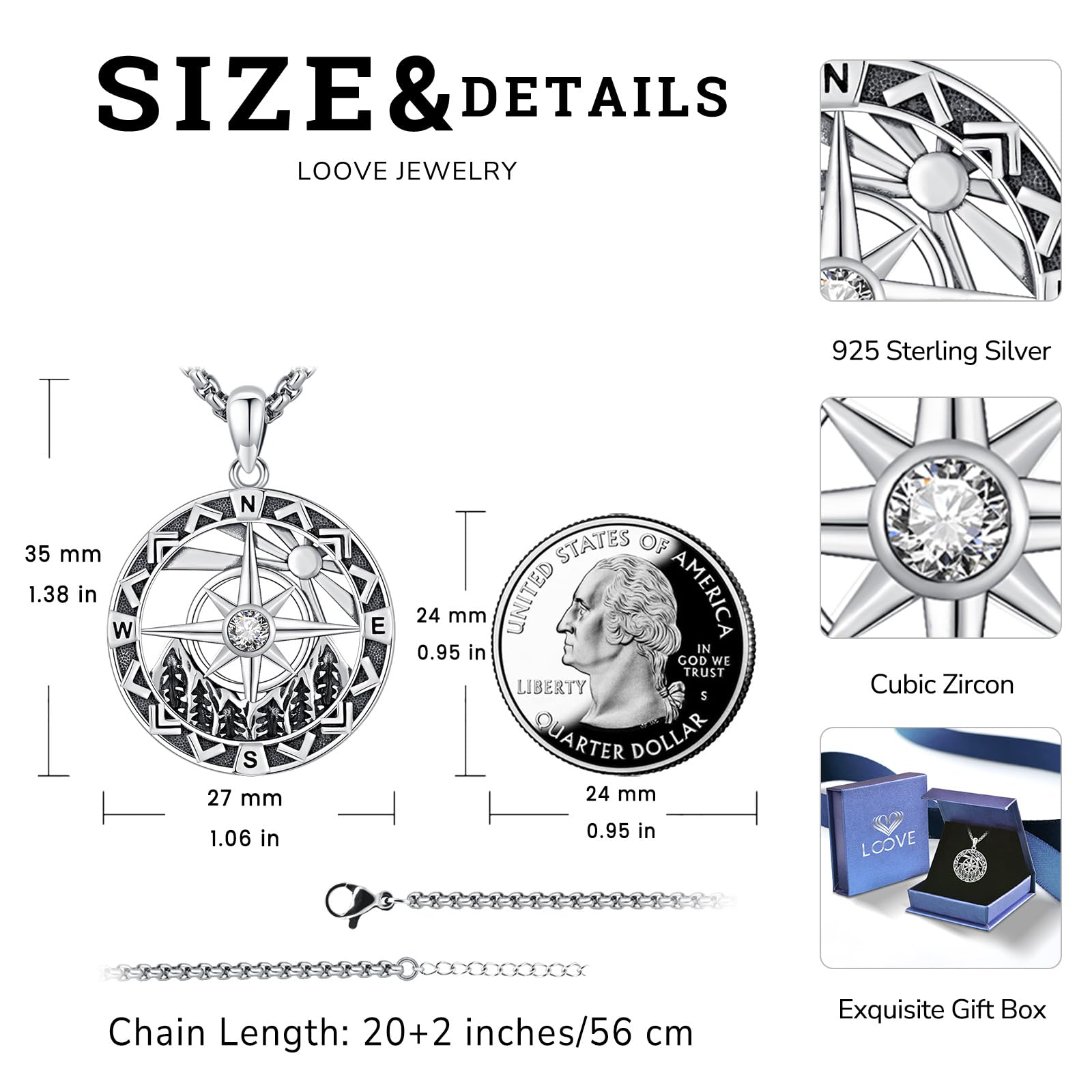 Sterling Silver Compass Necklace for Women - Inspirational Friendship Jewelry Gift for Graduation, Birthday & Mother's Day - Perfect for Travel, Adventure & Everyday Wear