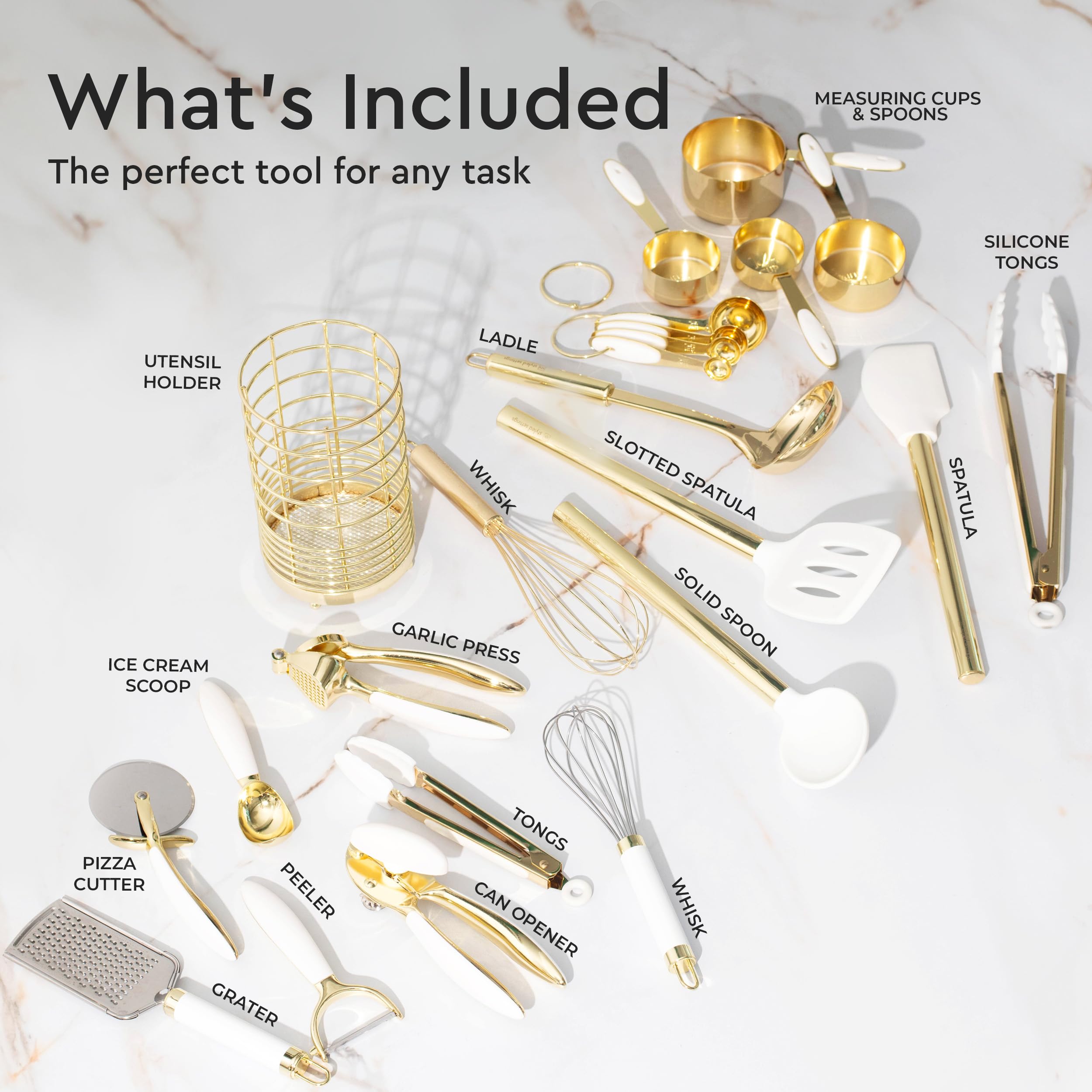 Premium 23-Piece White & Gold Kitchen Utensil Set - Includes Measuring Cups, Spoons, Silicone Cooking Tools & Utensil Holder - Perfect for Baking, Cooking & Modern Kitchen Decor - Ideal Gift for Home Chefs & Housewarming Parties