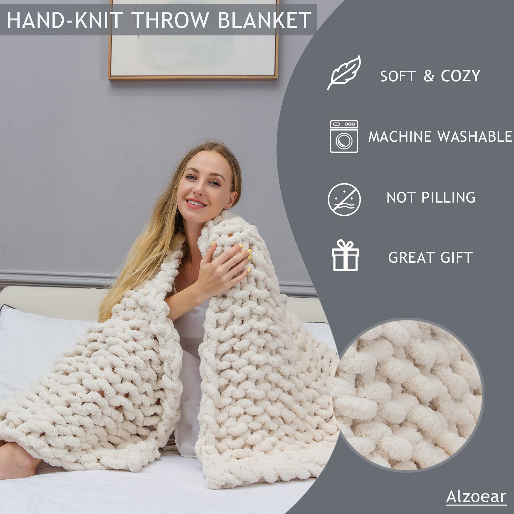 Alzoear Chunky Knit Throw Blanket - Chenille Handmade Cozy Warm Blanket for Sofa, Bedroom & Home Decor (Beige, 60