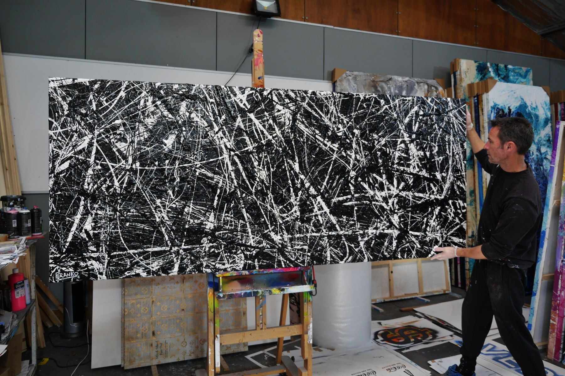 Scatter Brainer 240cm x 100cm Black White Minimalist Textured Abstract Canvas Art - Modern Wall Decor for Living Room, Bedroom & Office