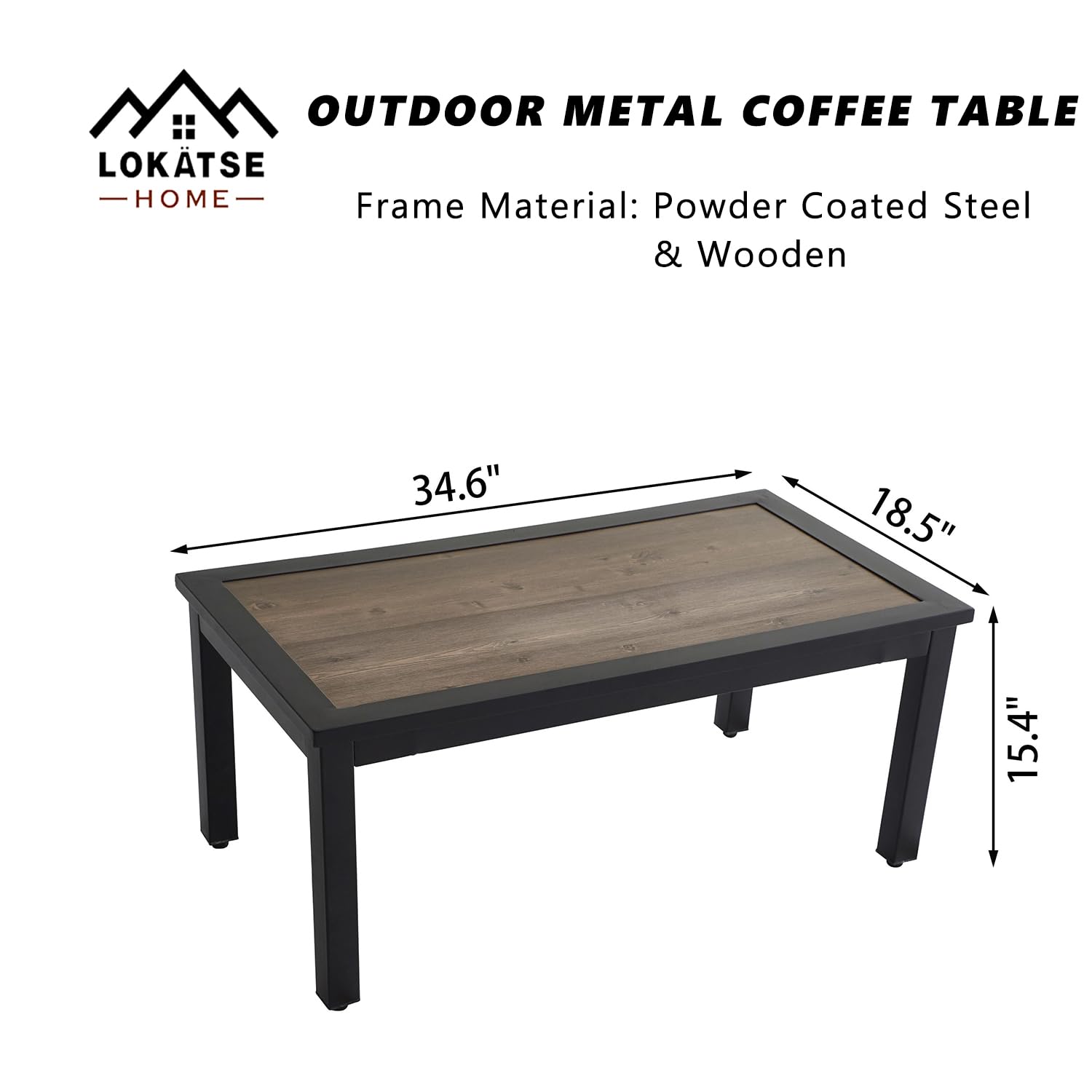 LOKATSE HOME Outdoor Metal Coffee Table with Wood Grain Top - Rectangle Patio Furniture for Backyard, Deck, Lawn & Garden - Perfect for Poolside Lounging & Outdoor Entertaining