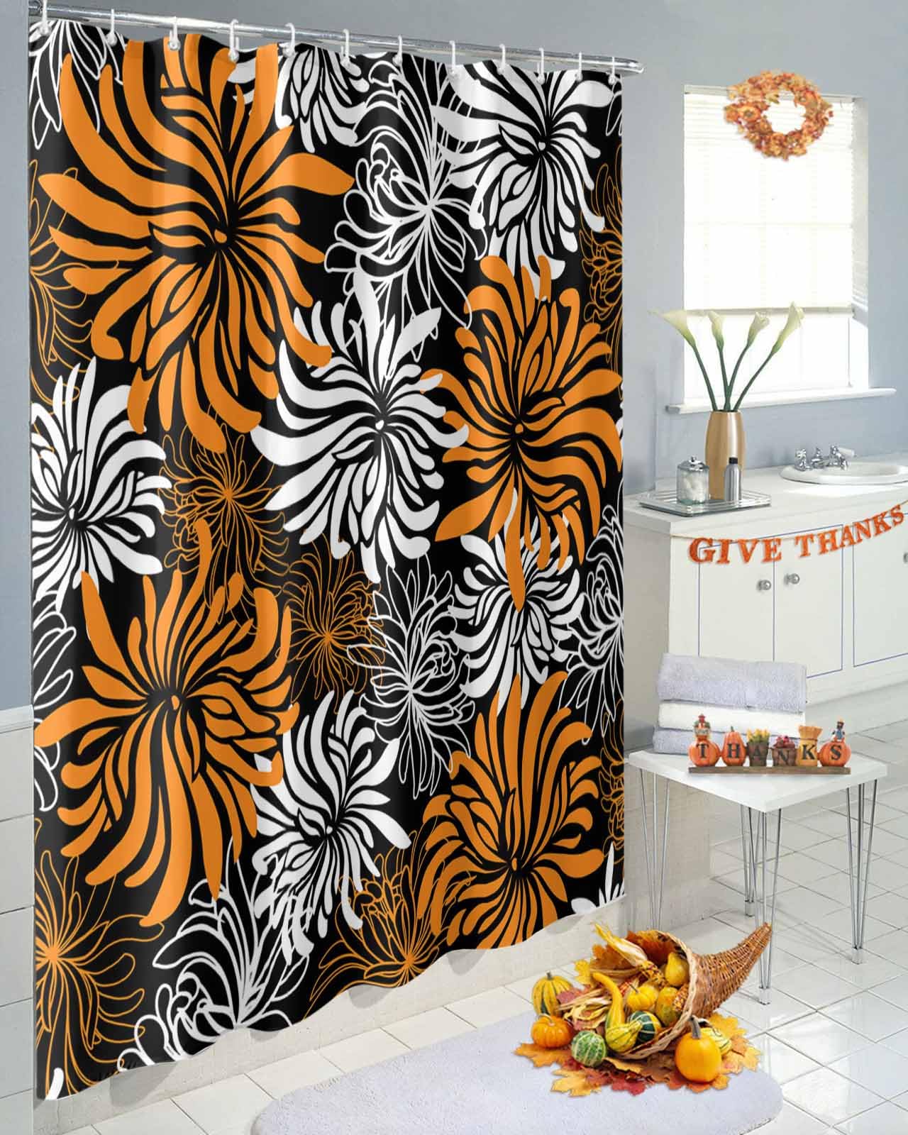 Waterproof Floral Chrysanthemum Shower Curtain Set with Hooks - 66x72 Inch Bathroom Decor for Bathtub & Shower - Perfect for Home, Apartment, and Hotel Use