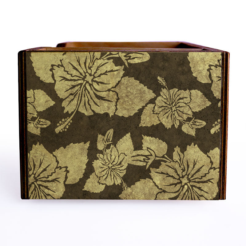 Rustic Hibiscus Wooden Bar Caddy - Earth Tone Organizer for Wine Bottles, Glasses & Bar Accessories | Perfect for Home Bars, Kitchen Countertops & Outdoor Entertaining