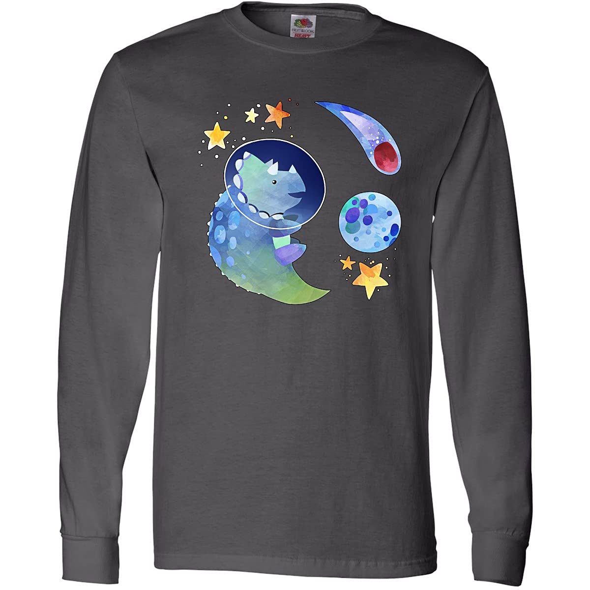 Triceratops in Space with Planets and Stars - Long Sleeve Graphic T-Shirt for Men & Women | Dinosaur Lovers, Science Fiction Fans & Space Enthusiasts