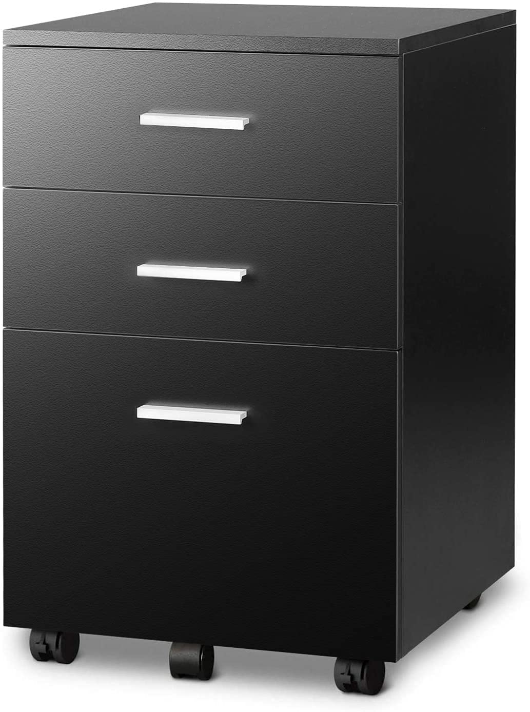 3 Drawer Rolling File Cabinet - Heavy Duty Stainless Steel Mobile Storage Organizer for Letter & A4 Documents | Wood & Metal Lateral File Cabinet for Home Office, Study & Workspace | Black