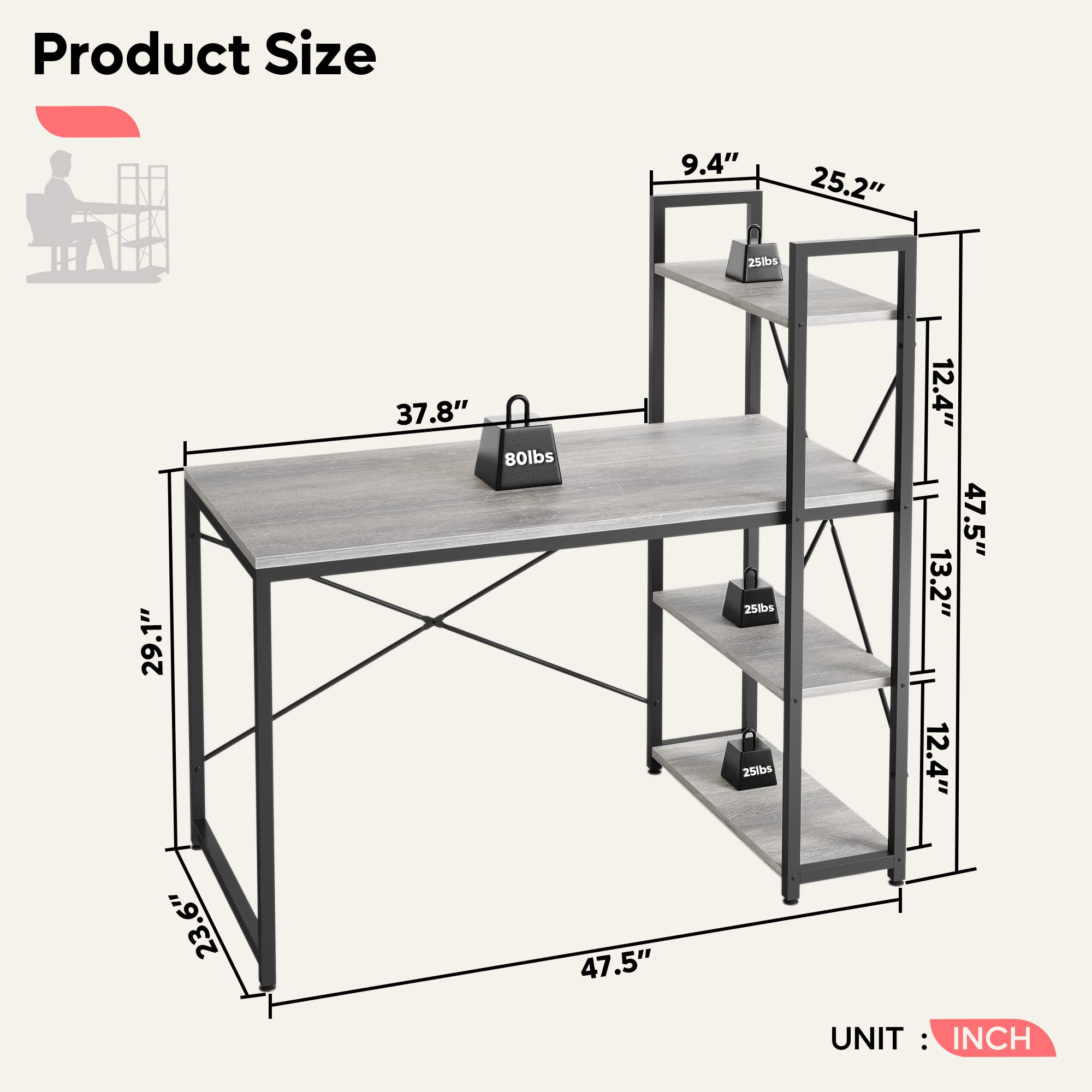 Bestier 47 Inch Home Office Computer Desk with Adjustable Shelves - Sturdy Writing Desk with Reversible Bookshelf & Metal Legs for Small Spaces, Gaming Setup & Studio Work - Wash White Finish for Modern Workspace