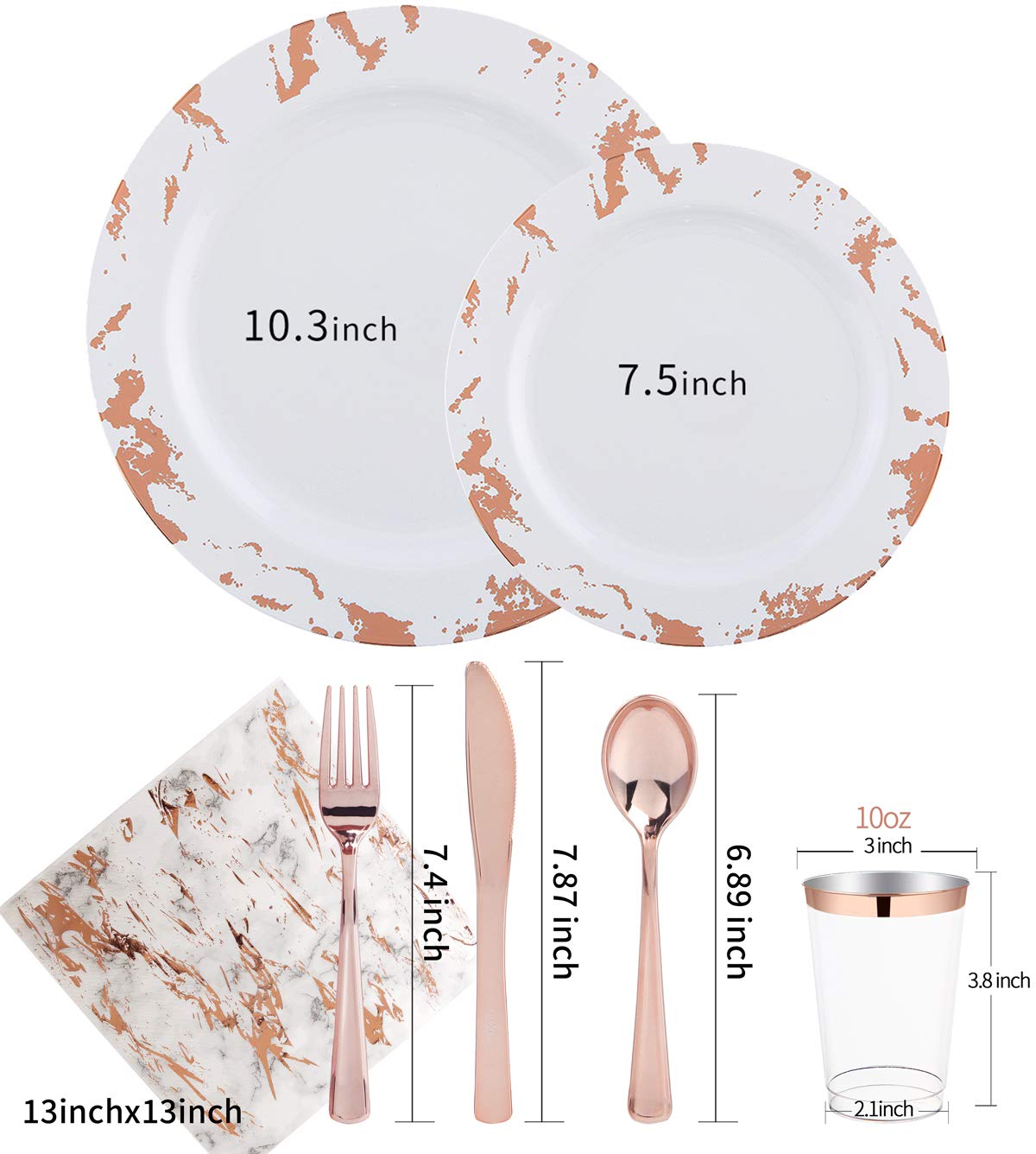 175-Piece Rose Gold Plastic Dinnerware Set - Disposable Marble Plates, Cutlery & Cups for Wedding, Party & Events (25 Dinner Plates, 25 Dessert Plates, 25 Forks, 25 Knives, 25 Spoons, 25 Cups, 25 Napkins) - Elegant Table Setting for Bridal Showers, Baby Showers & Special Occasions