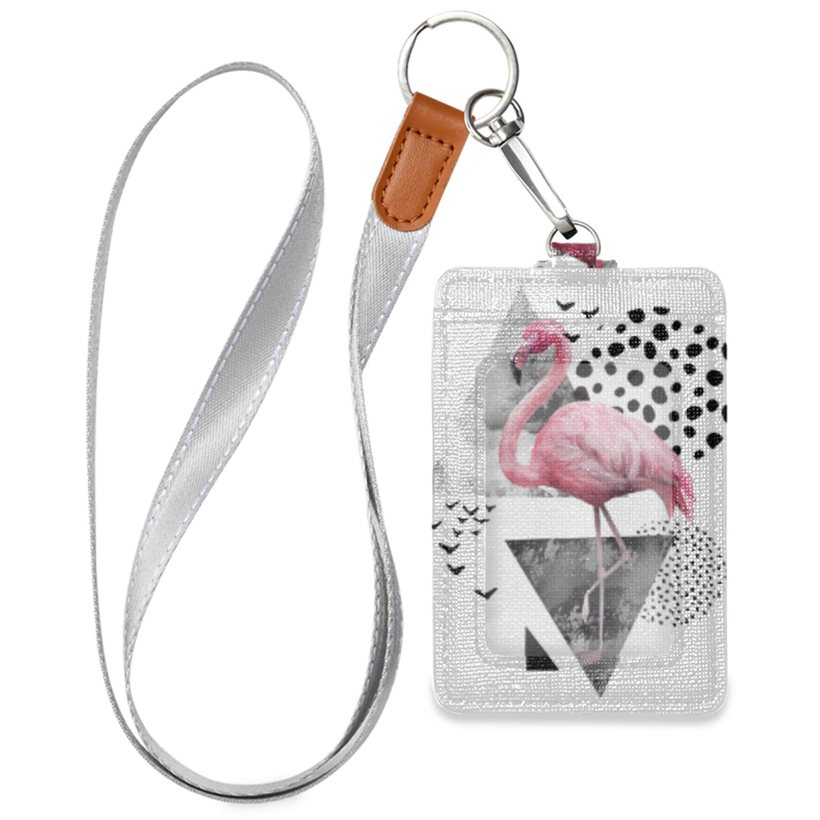 Pink Flamingo ID Badge Holder with Lanyard - Vertical Leather Name Tag for Office & School Staff