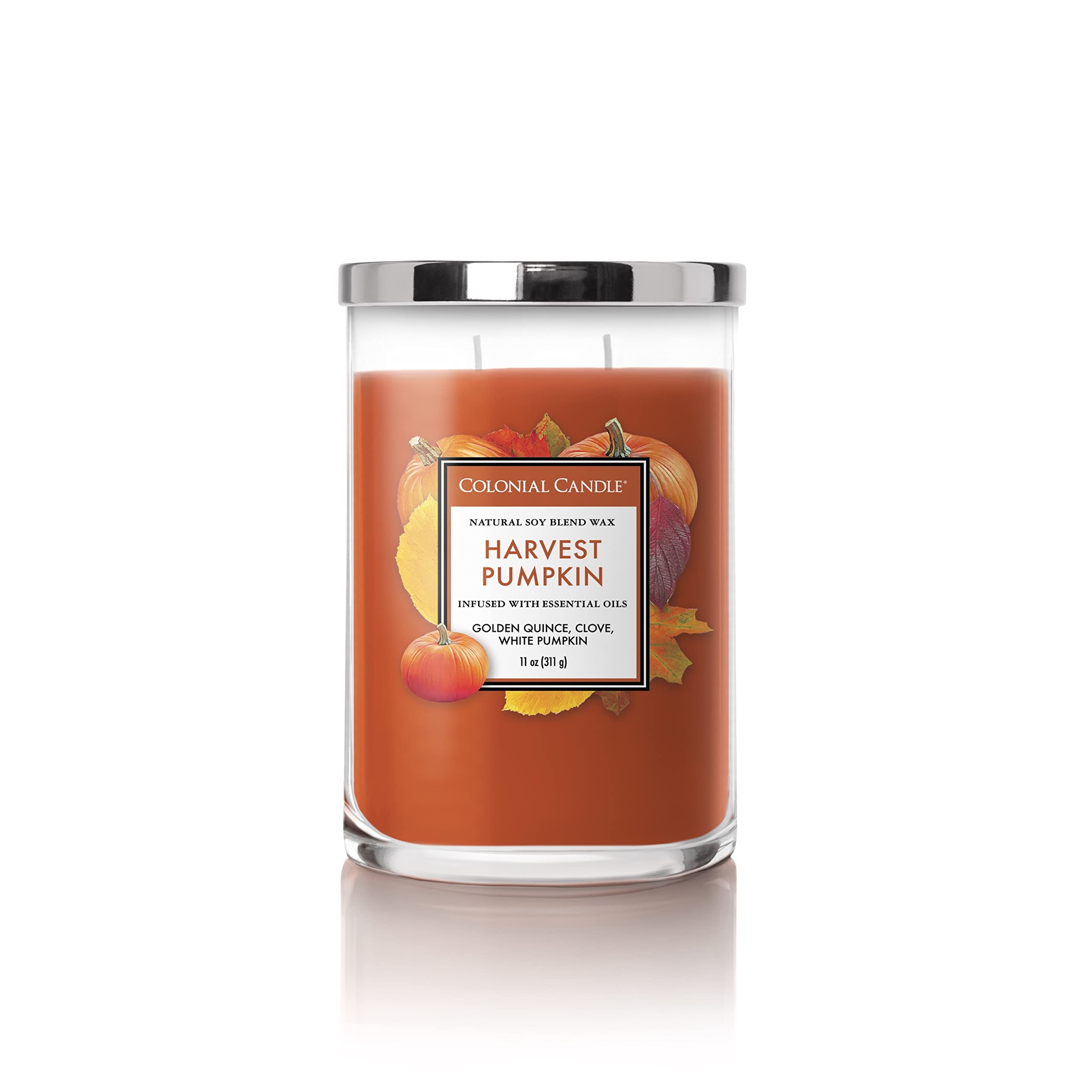 Colonial Candle Harvest Pumpkin Scented Jar Candle - Classic Cylinders Collection with 2 Wicks, 11oz Orange Candle (80-Hour Burn Time) - Perfect for Fall Decor, Thanksgiving Centerpieces & Cozy Home Fragrance