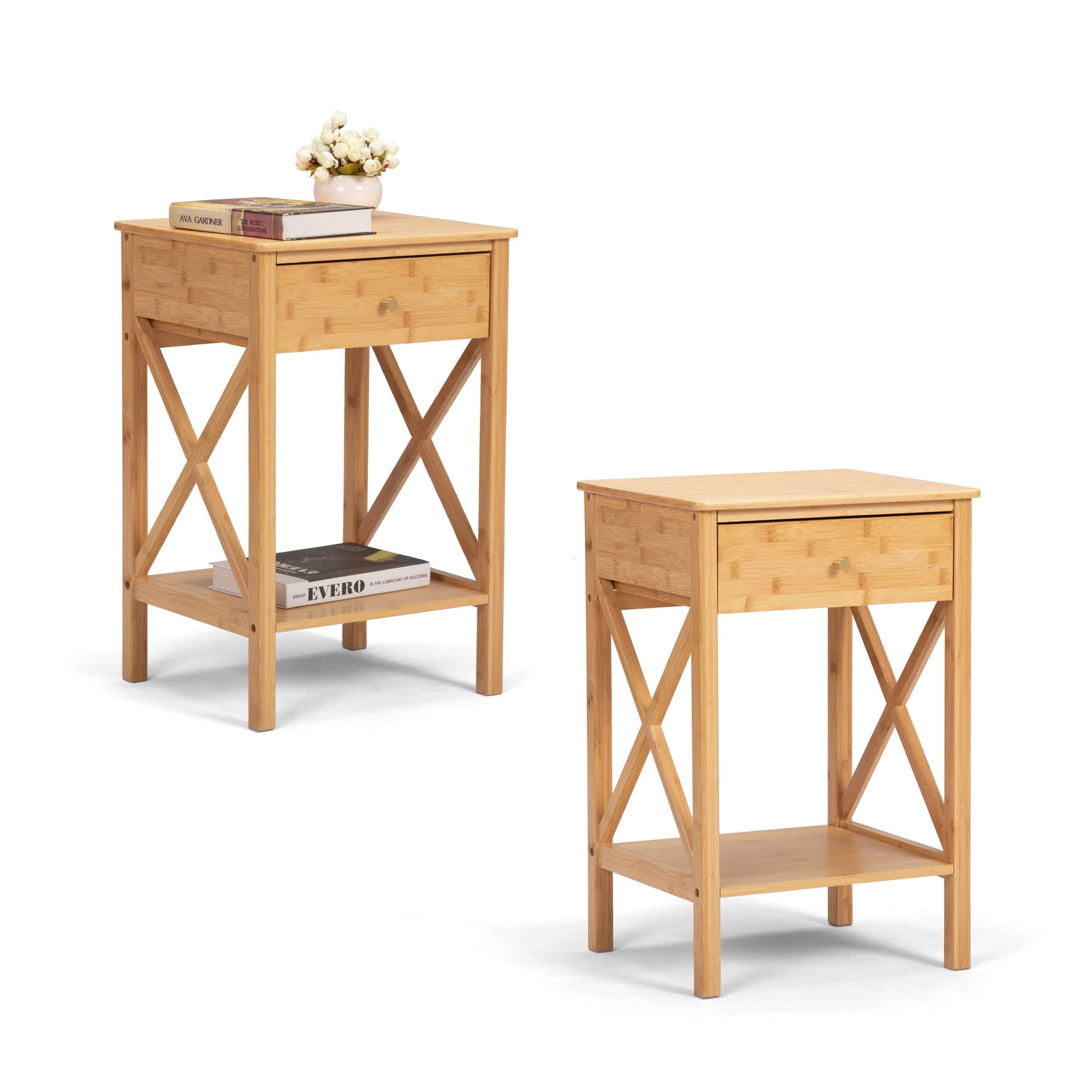 Farmhouse Nightstand Set of 2 - Bamboo End Tables with Drawer & Open Shelf, X-Shaped Design Bedside Sofa Tables for Bedroom & Living Room - Natural Finish | Perfect for Small Spaces, Guest Rooms & Apartment Decor