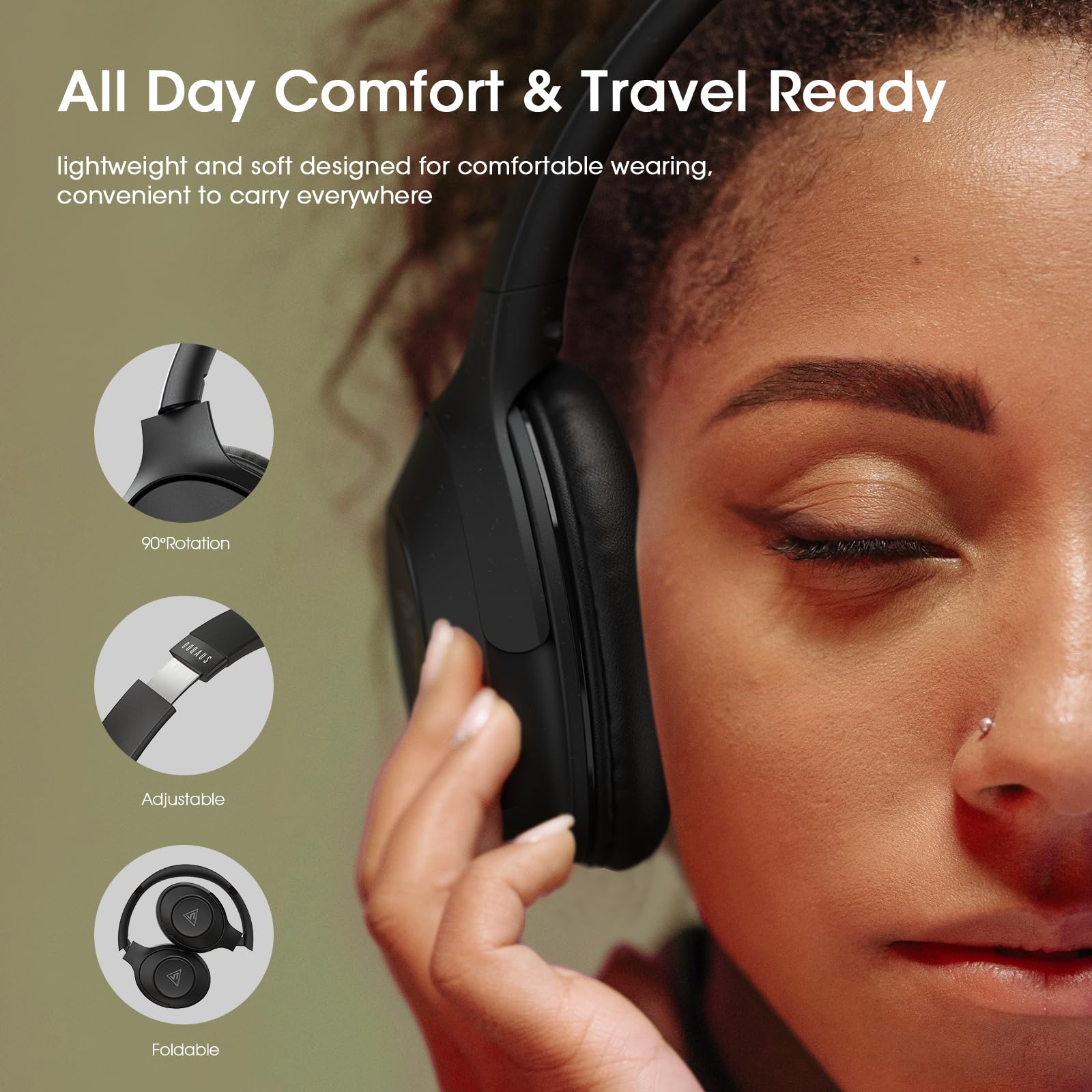 DOQAUS Wireless Bluetooth Headphones with Microphone - 70 Hours Playtime, Hi-Fi Stereo Sound, 3 EQ Modes, Foldable Design for iPhone, Android, PC - Perfect for Travel, Office, Gym & Commuting (Black)