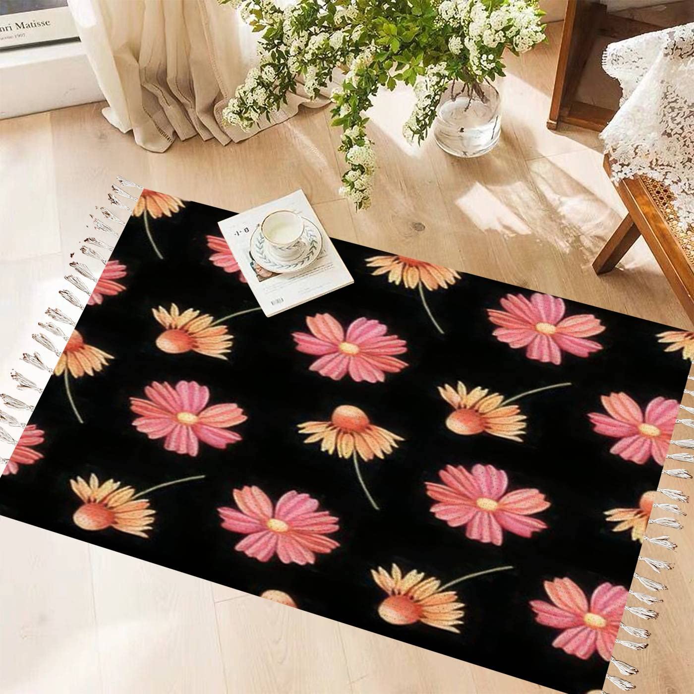 **Vintage Cotton & Linen Tassel Rug with Wildflower Watercolor Design - Boho Chic Washable Woven Runner Mat for Kitchen, Bathroom, Outdoor & Indoor Decor**    *(Use Cases: Perfect for bohemian-style living rooms, cozy bedrooms, farmhouse kitchens, or outdoor patio spaces.)*