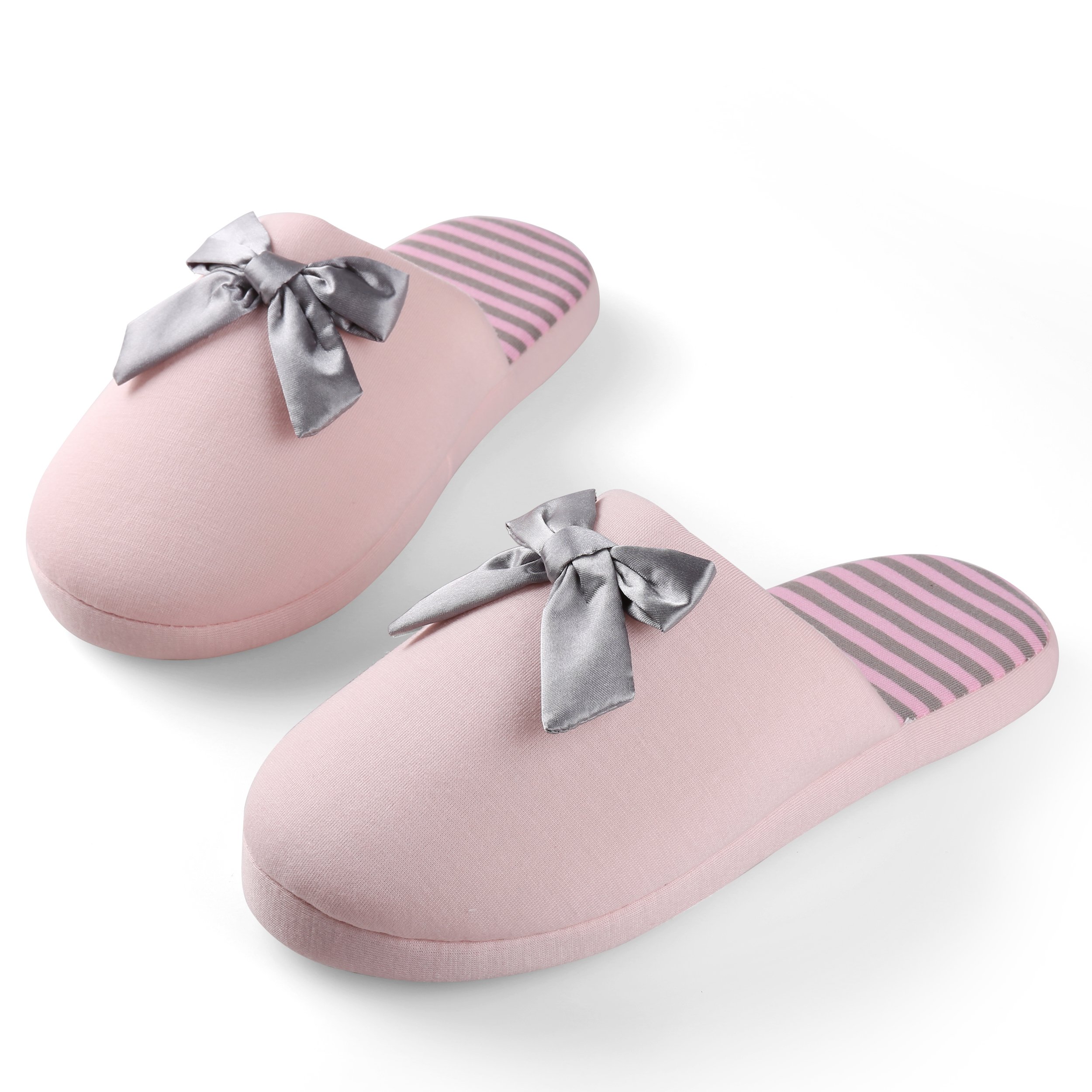 Women's Soft Waffle Knit Slippers with Striped Design and Bow Detail - Cozy House Shoes for Indoor Comfort, Lounge Wear & Gift Giving
