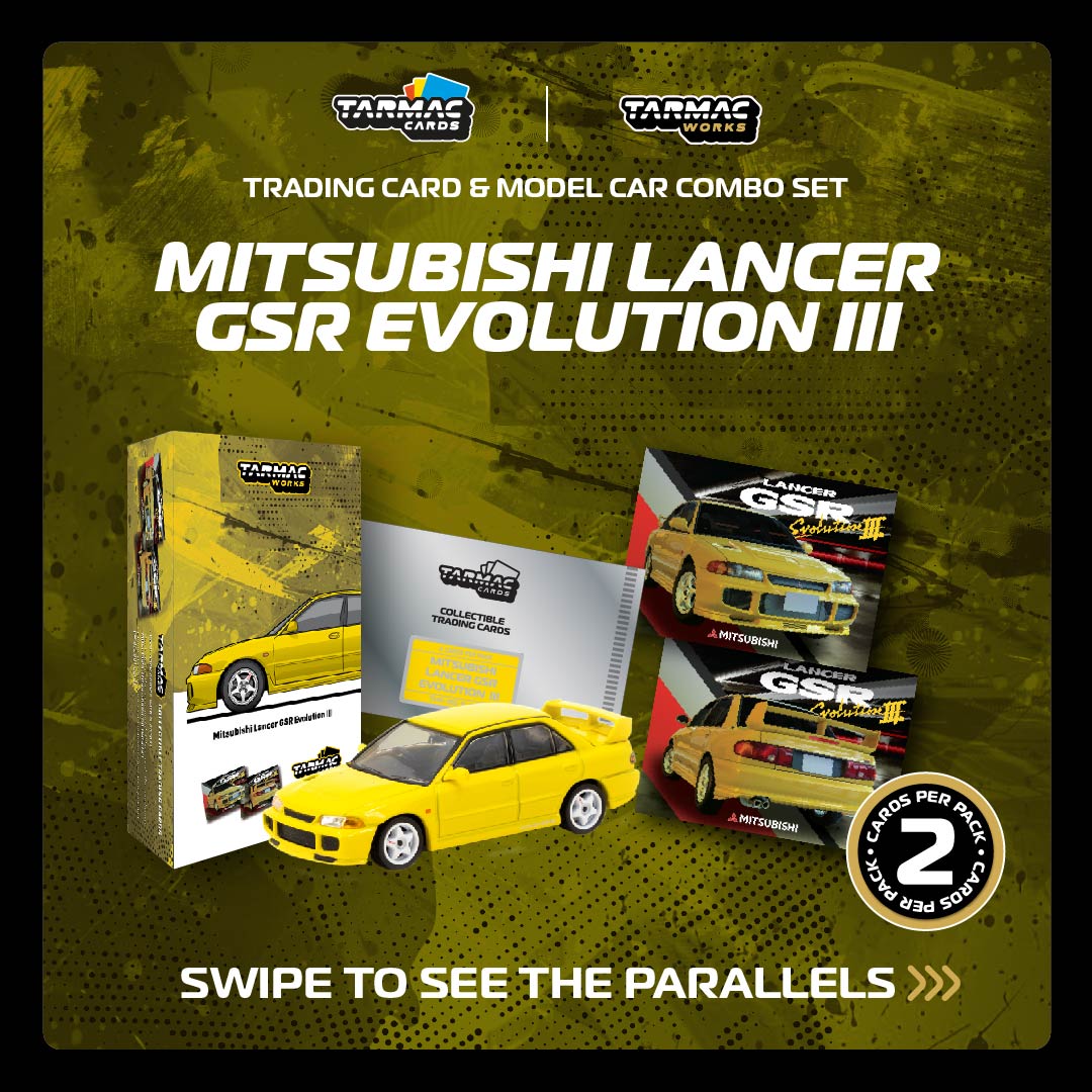 Tarmac Works 1/64 Scale Mitsubishi Lancer GSR Evolution III Diecast Model Car - Yellow with Tarmac Cards - Collectible Miniature Vehicle for Display & Racing Scenes - GLOBAL64 Series