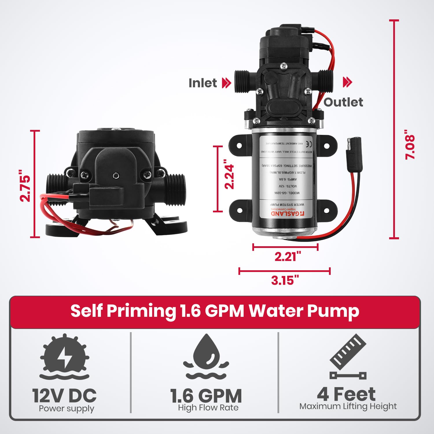 GASLAND 12V Water Pump Kit - 1.6 GPM Camper Water Pressure Pump with Pressure Switch, 65 PSI Self Priming Diaphragm Pump for RV, Boat, Marine, Kitchen, Bathroom & Hot Water Systems - Perfect for Off-Grid Camping, Boating & RV Living