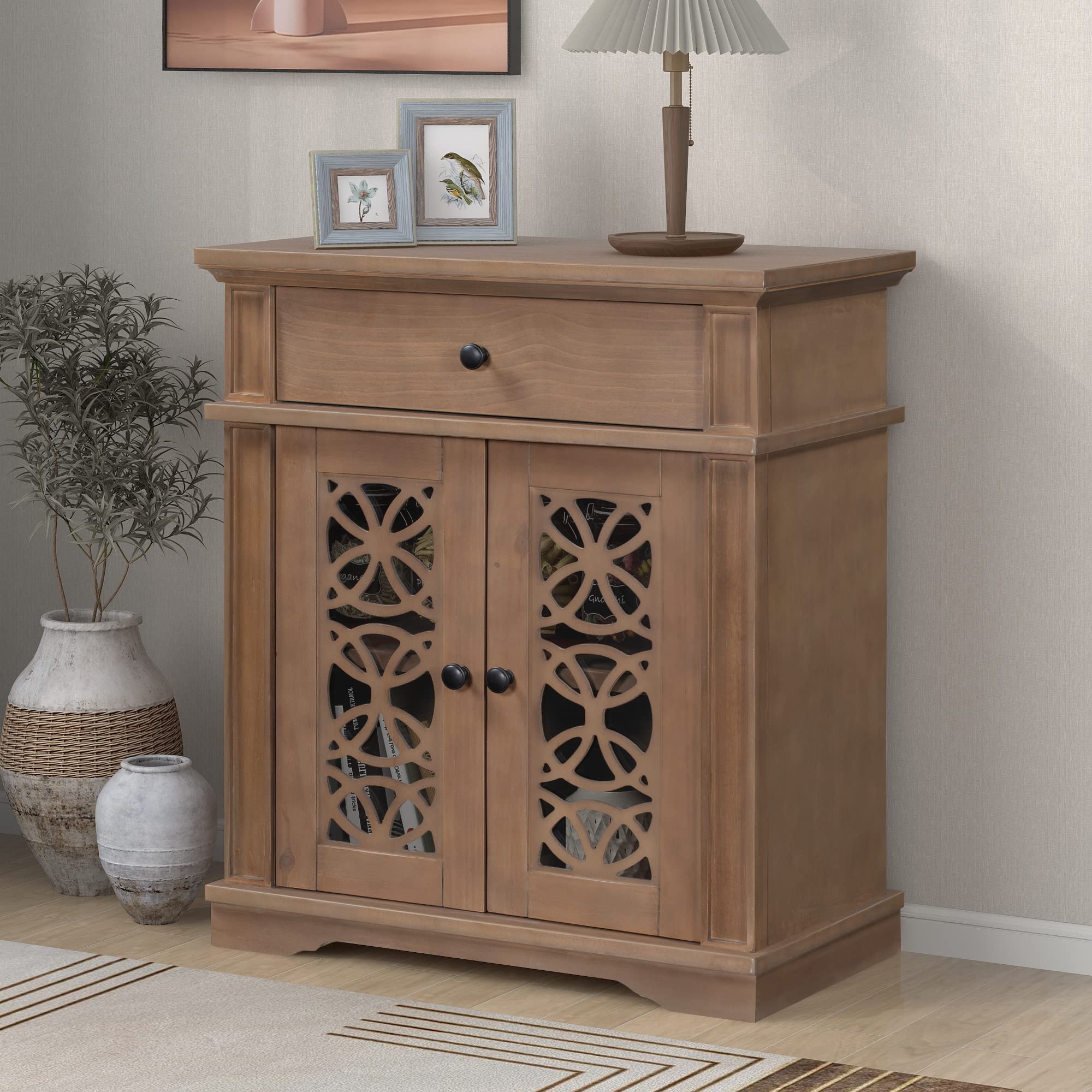 JSKJ Rustic Brown Wood Accent Storage Cabinet with 1 Drawer & Fretwork Glass Door - Bar Table Buffet Sideboard for Hallway, Living Room, Bedroom - Perfect for Home Decor, Dining Room Storage & Entertainment Areas
