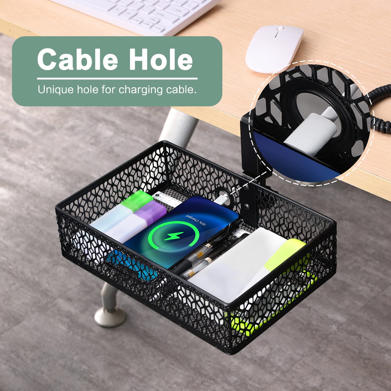 ROSYLINE Under Desk Drawer Organizer - Clamp On Desk Storage Basket, Hanging Mount Tray for Office, Home & Dorm - Space Saving Black Under Desk Organizer for Files, Stationery & Office Supplies