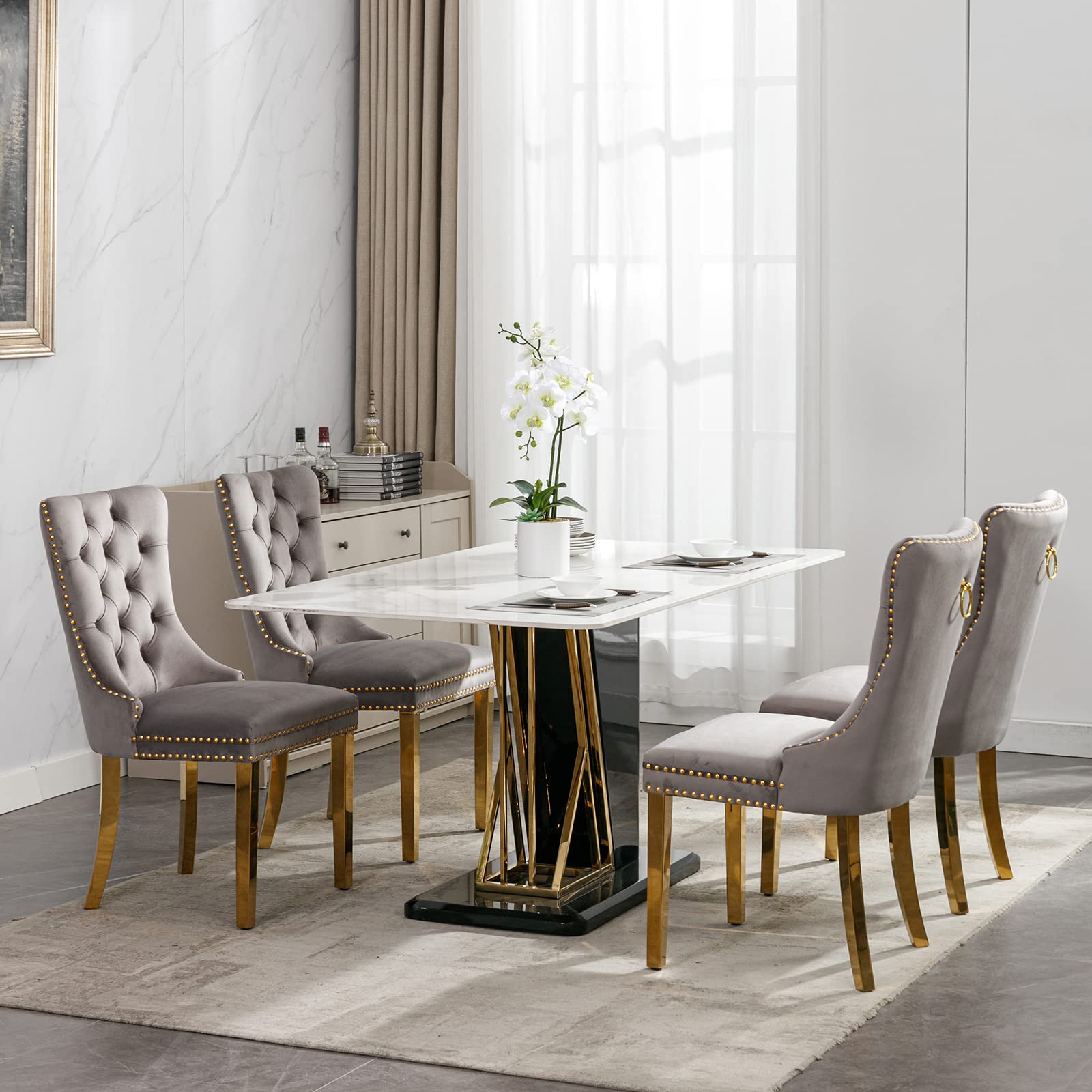 Luxury Velvet Dining Chairs Set of 2 - Tufted Upholstered Kitchen & Dining Room Chairs with Golden Metal Legs (Gray) - Perfect for Modern Home, Restaurant, and Office Decor