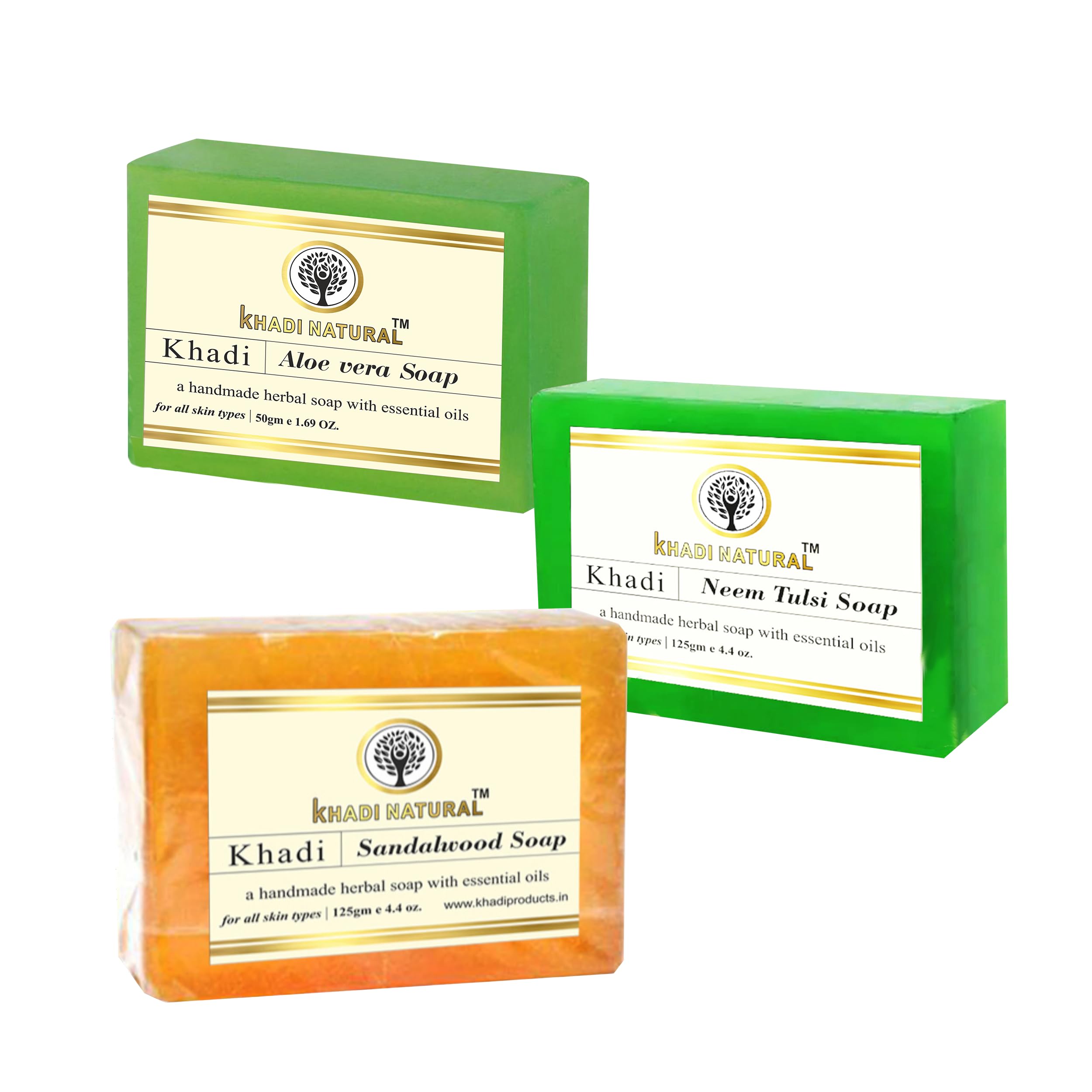 Khadi Natural Handmade Herbal Soap Gift Set - 3 Pack Organic Neem, Tulsi, Aloe Vera & Sandalwood Soap Bars (125g Each) for Glowing Skin - Essential Oil Infused, Chemical-Free Bath Soap for Daily Skincare & Spa Relaxation
