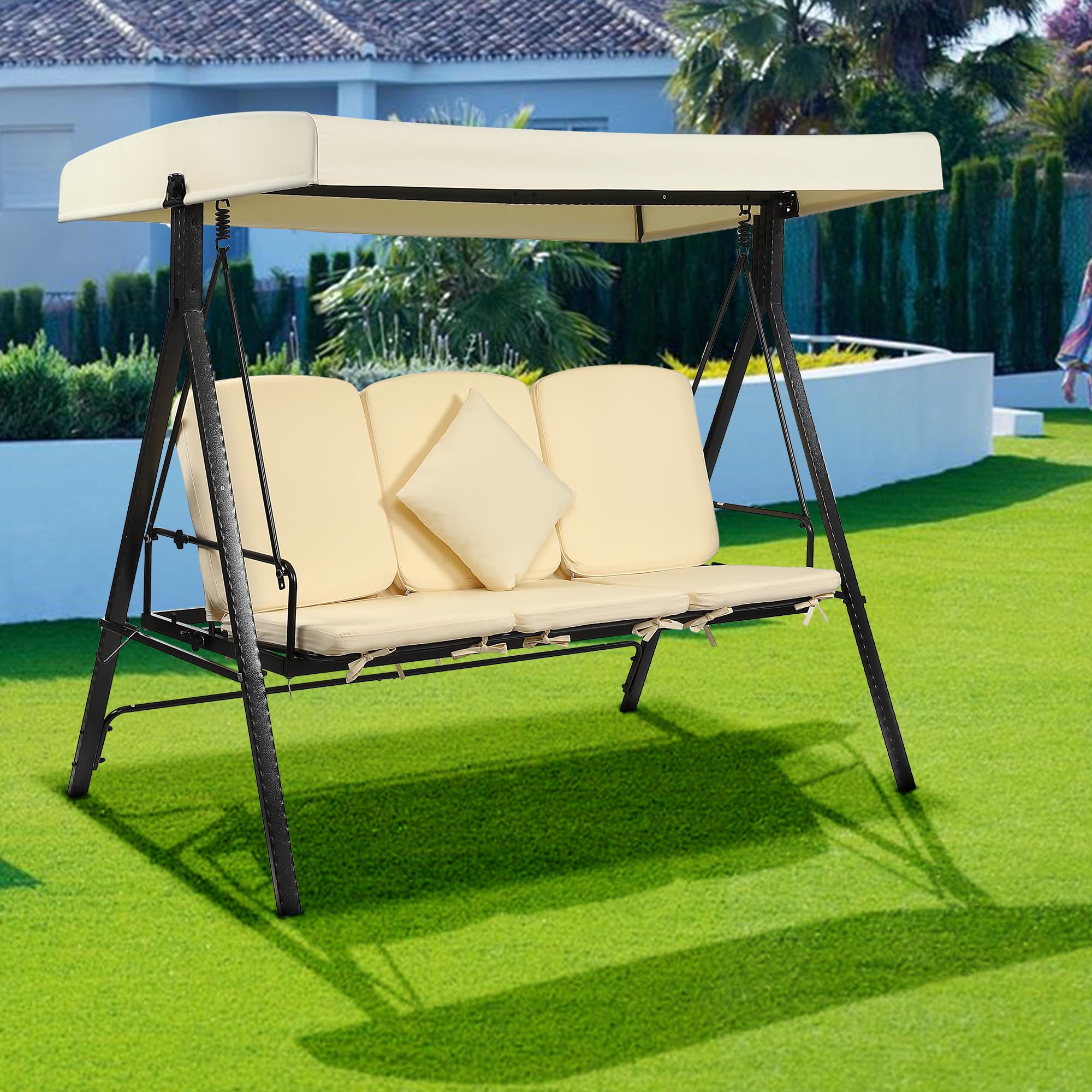 GARVEE 3-Seat Outdoor Patio Swing Chair with Canopy - 2-in-1 Convertible Porch Swing for Backyard, Garden & Patio - Heavy Duty Weather-Resistant Hanging Bench - Perfect for Relaxing, Reading & Outdoor Entertaining