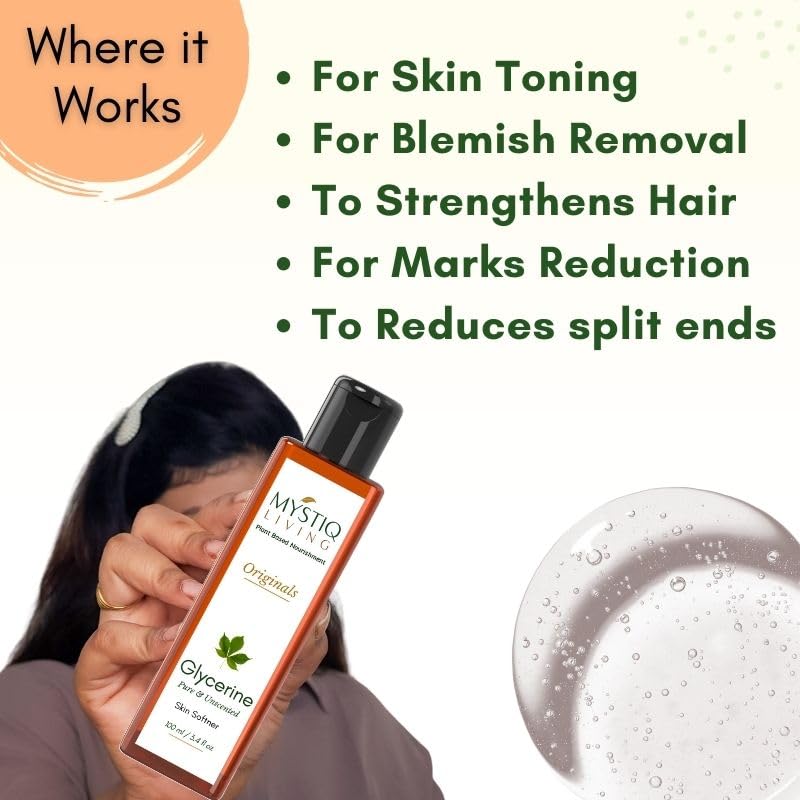 Pure & Unscented Plant-Based Glycerin for Face & Body Care - Mystiq Living 100ml | Hydrating Skin Moisturizer for Dry Skin, DIY Beauty Recipes & Sensitive Skin Care
