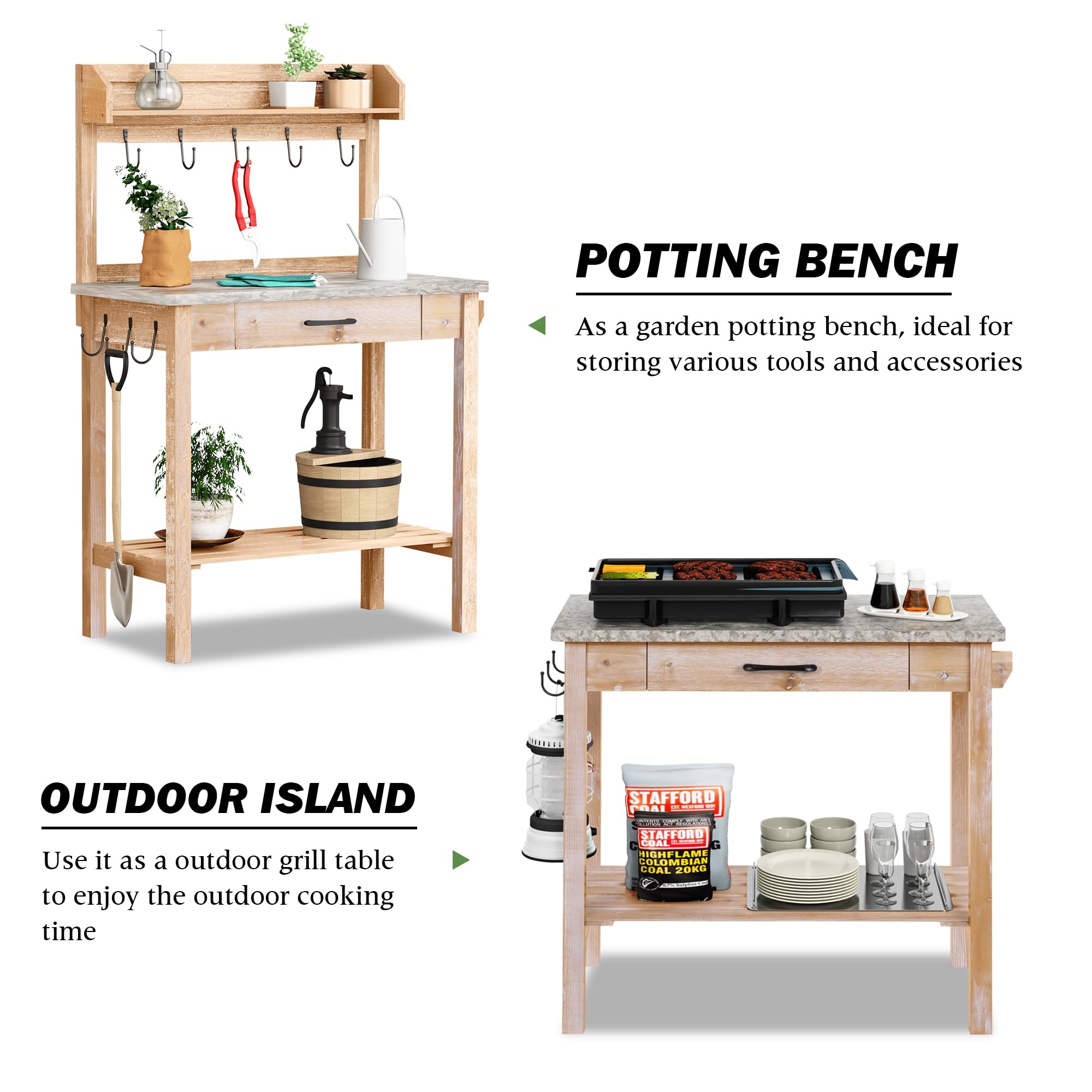 **Sturdy Outdoor Potting Bench with Metal Tabletop - Gardening Workstation with Storage Drawer & Removable Shelf - Perfect for Planting, Transplanting & Organizing Garden Tools - Ideal for Backyards, Patios & Greenhouses**