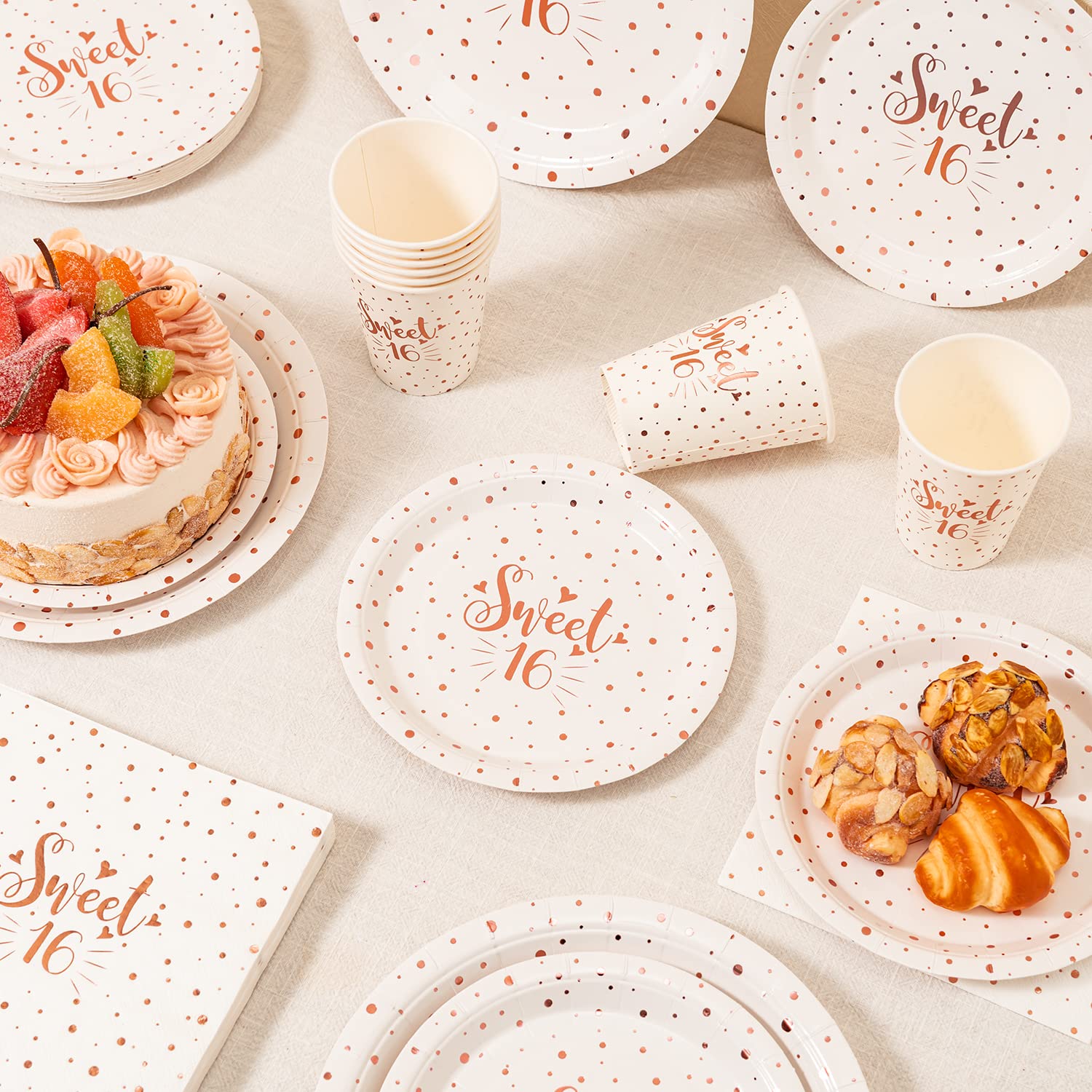 Sweet 16 Birthday Party Supplies - Rose Gold Disposable Tableware Set (24-Pack: 9