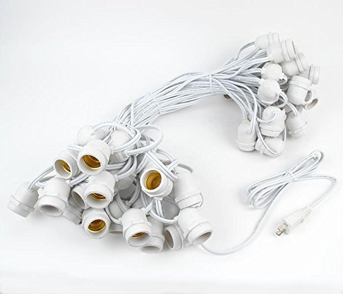 50 Socket 100ft E26 String Lights - Commercial Grade Outdoor Lighting for Backyard, Patio, Cafe & Restaurant Decor - White Wire (Bulbs Not Included) - Perfect for Weddings, Parties & Holiday Decorations
