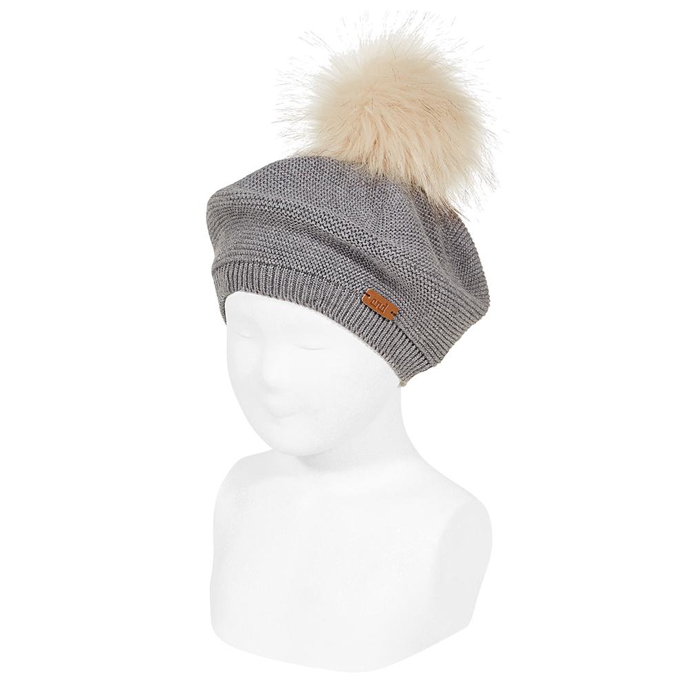 Stylish Light Grey Faux Fur Pom Pom Beret Winter Hat - Fashionable Women's Knit Cap for Cold Weather & Outdoor Activities