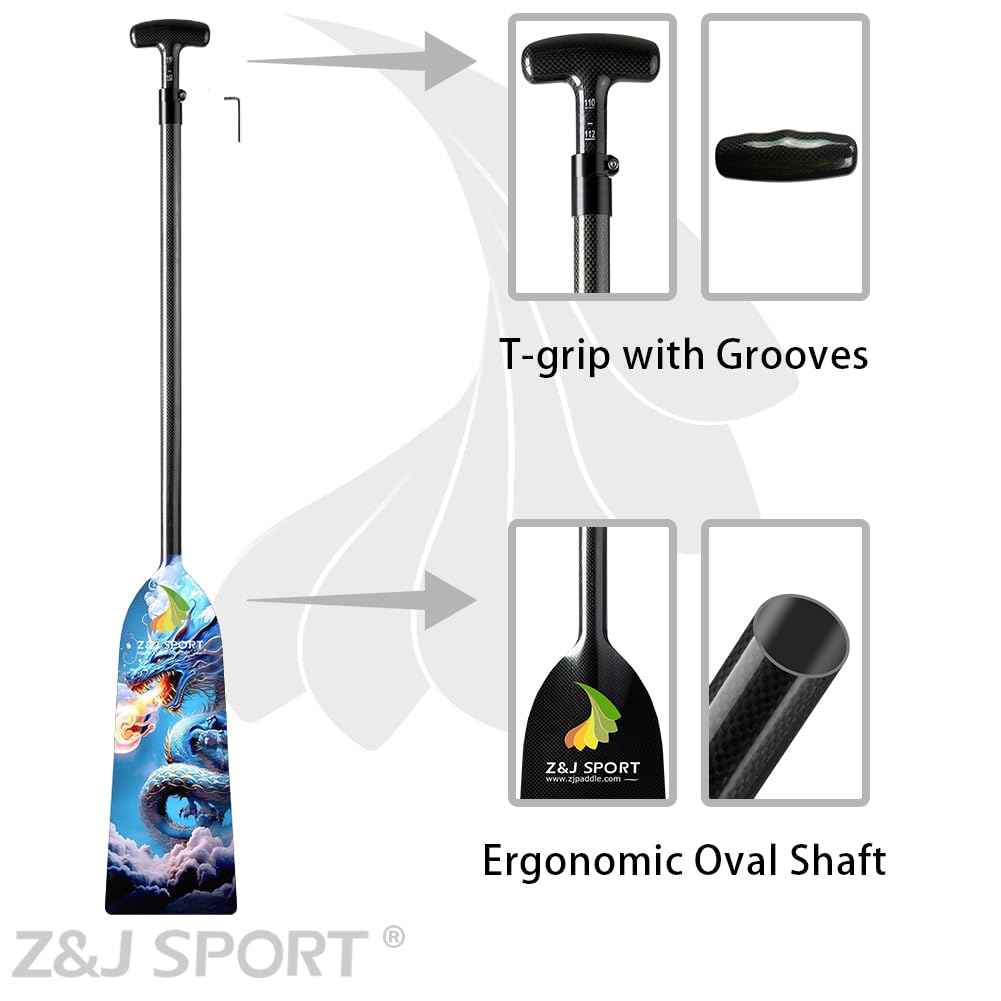 Z&J SPORT IDBF Approved Carbon Fiber Adjustable Dragon Boat Paddle with Dragon Graphic & T-Handle - Perfect for Competitive Racing & Team Training