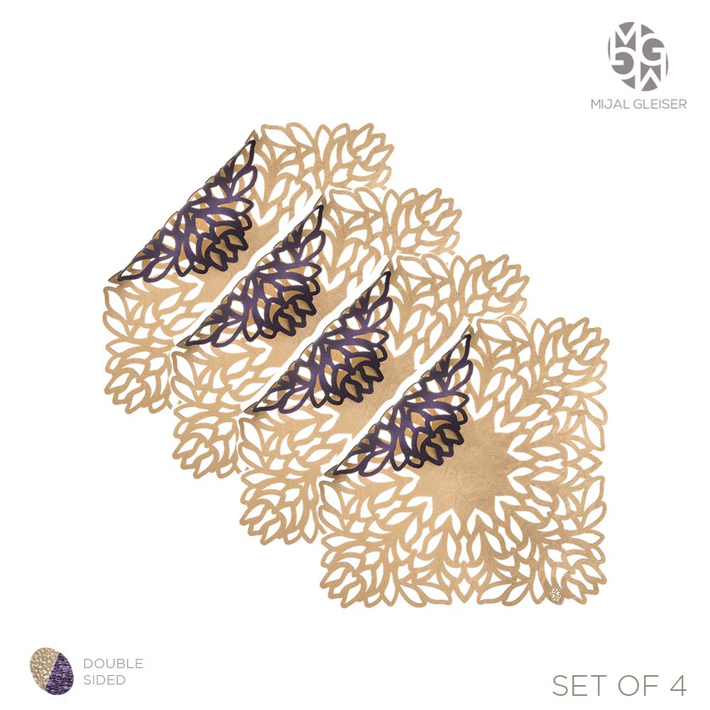 Mijal Gleiser Double Sided Placemats Set of 4 - Laser Cut Heat Resistant & Non Slip Table Mats - Stain Resistant Dining Table Decor (Sea Flower Collection Gold-Purple) - Perfect for Dinner Parties, Holiday Meals & Everyday Use