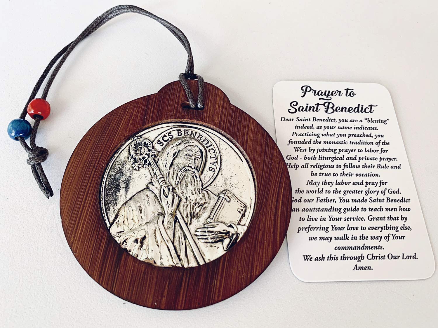 Saint Benedict Silver Tone Medal with Wallet Size Prayer Card - Car Rearview Mirror Protection & Home Blessing Charm - Religious Gift for Catholics, Travel Safety, Housewarming