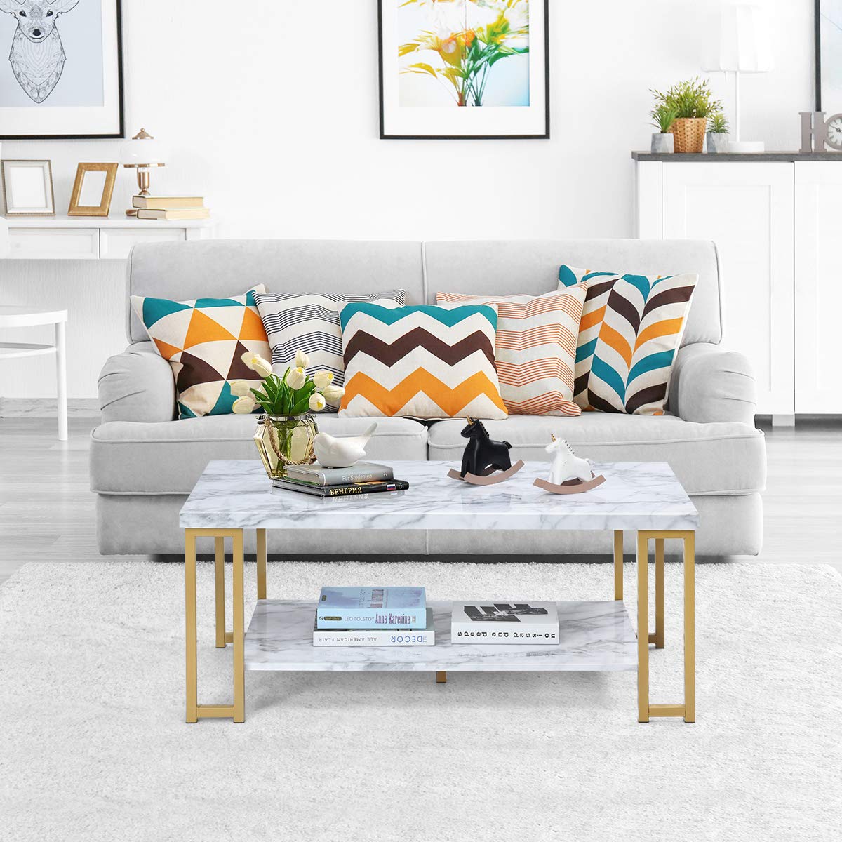 Giantex Modern 2-Tier Rectangular Coffee Table with Faux Marble Top & Gold Metal Frame - Accent Center Table for Living Room, Bedroom, Lounge - Perfect for Entertaining Guests or Relaxing with Coffee