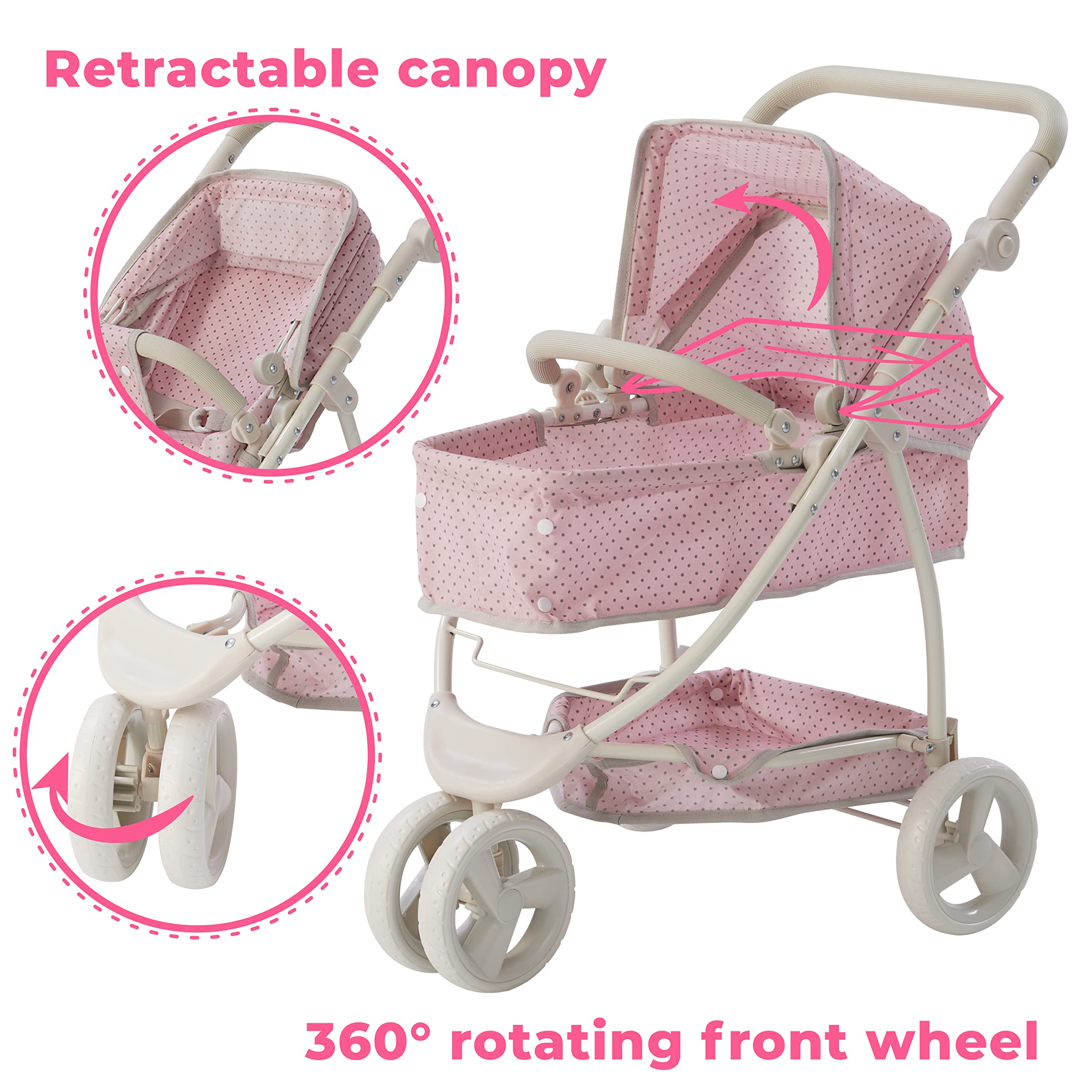 Olivia's Little World - 2-in-1 Baby Doll Bassinet & Stroller for Toddlers, Pink/Gray Princess Doll Pram - Perfect for Imaginative Play, Gift for 5 Year Old Girls, Indoor & Outdoor Use