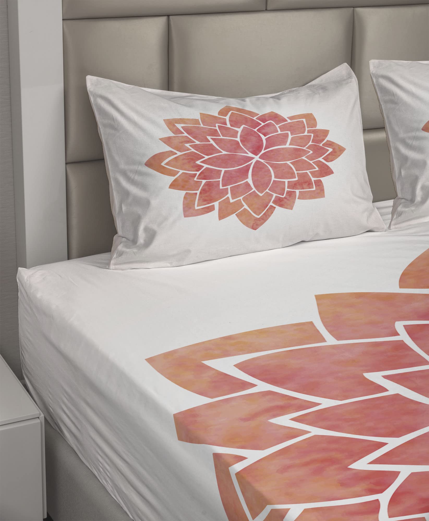 Ambesonne Floral Bed Sheet Set - 4 Piece King Size with Fitted Sheet, Flat Sheet & Pillowcases | Lotus Flower Japanese East Blossom Art Design in Coral White & Salmon | Perfect for Master Bedroom, Guest Room & Bohemian Home Decor