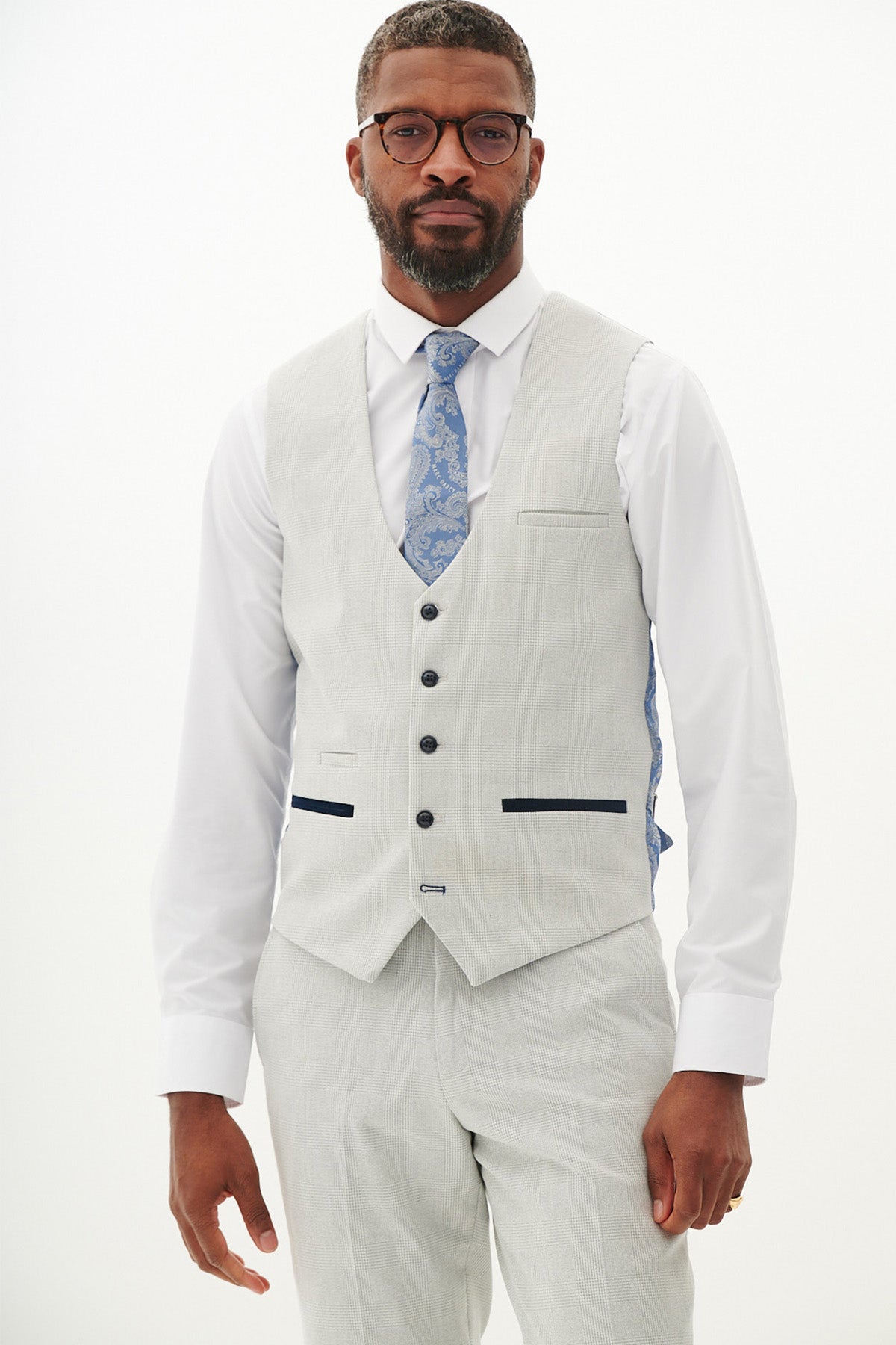 BROMLEY Men's Stone Check Three Piece Suit - Formal Business Attire for Weddings, Office & Special Occasions