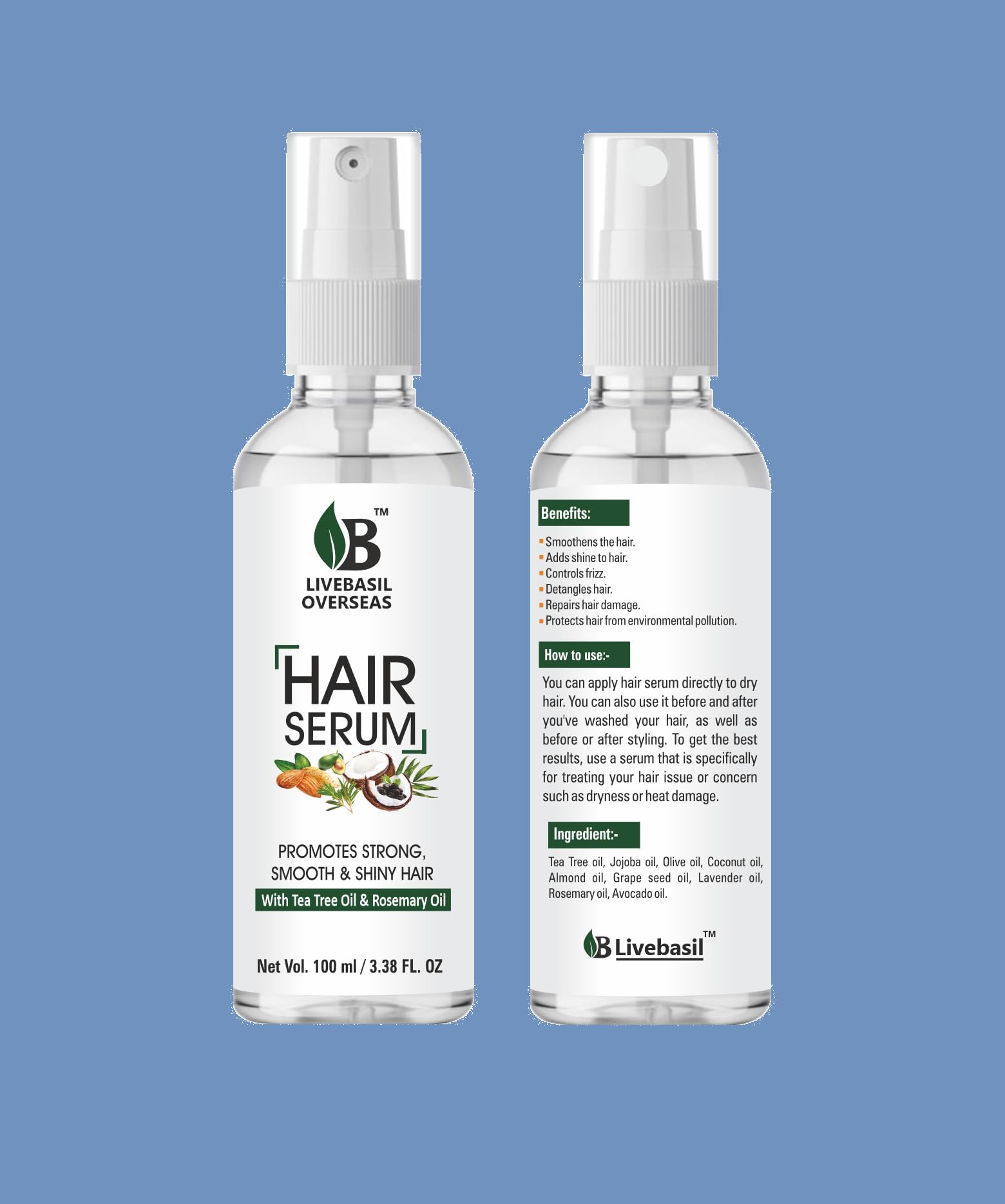 Livebasil Hair Growth Serum with Tea Tree & Rosemary Oil - Promotes Strong, Smooth & Shiny Hair (100ml) - Best for Thinning Hair & Scalp Care - Perfect for Daily Hair Regimen & Styling Prep